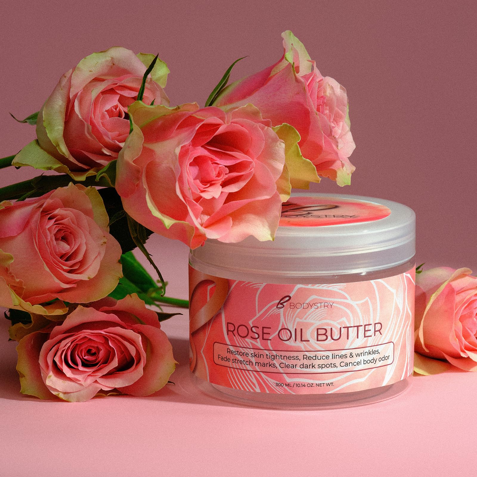 Emballage 300 ml Bodystry Rose Oil Butter, pratique et facile à doser.