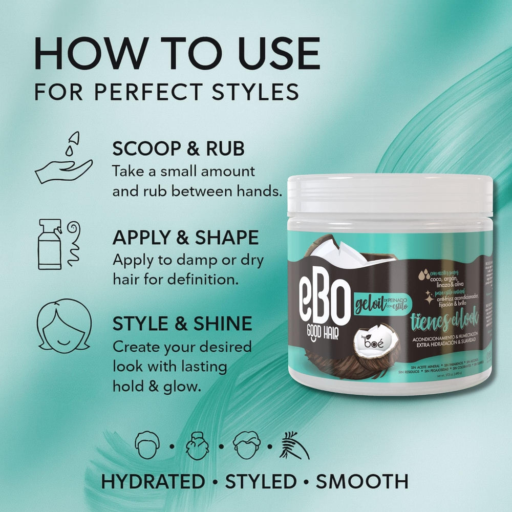 BOÉ COSMETICS Ebo GelOil, application sur cheveux humides pour définir les boucles.
