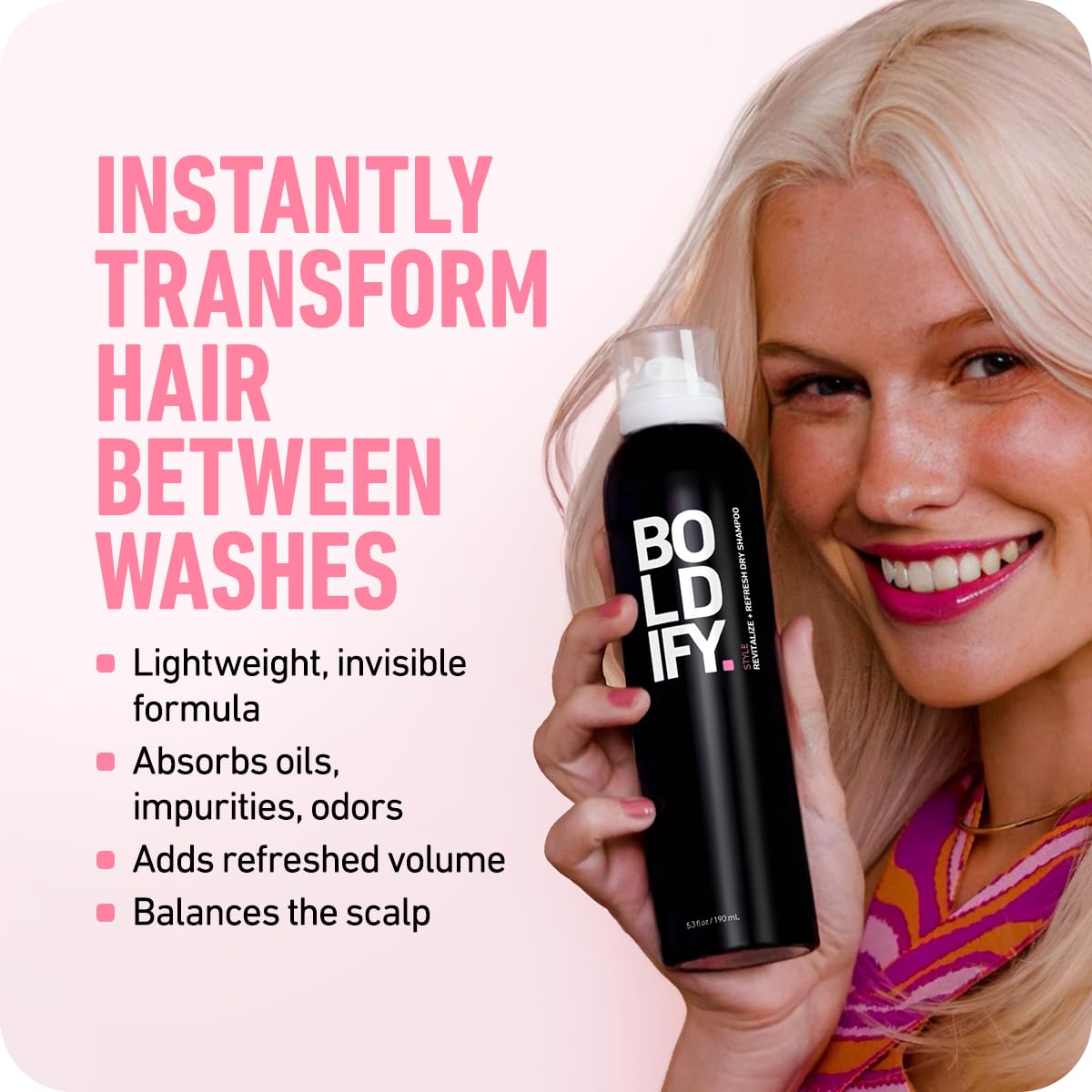 Boldify Dry Shampoo Spray en action, application rapide pour un look propre.