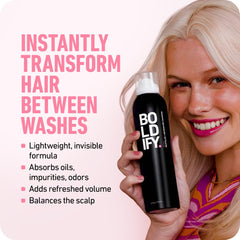 Boldify Dry Shampoo Spray en action, application rapide pour un look propre.