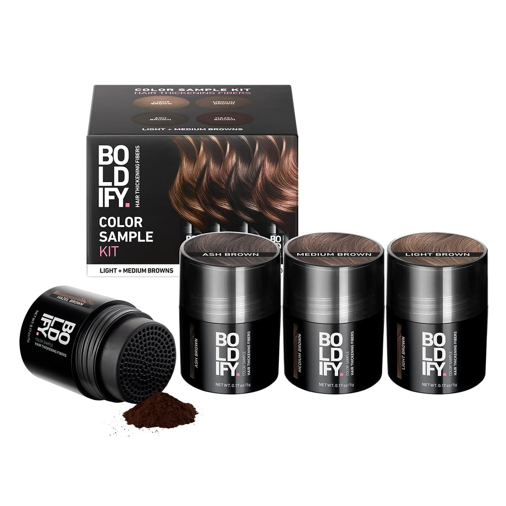 Boldify Hair Fibers Kit Packshot montrant l’emballage et le produit pour guide rapide.