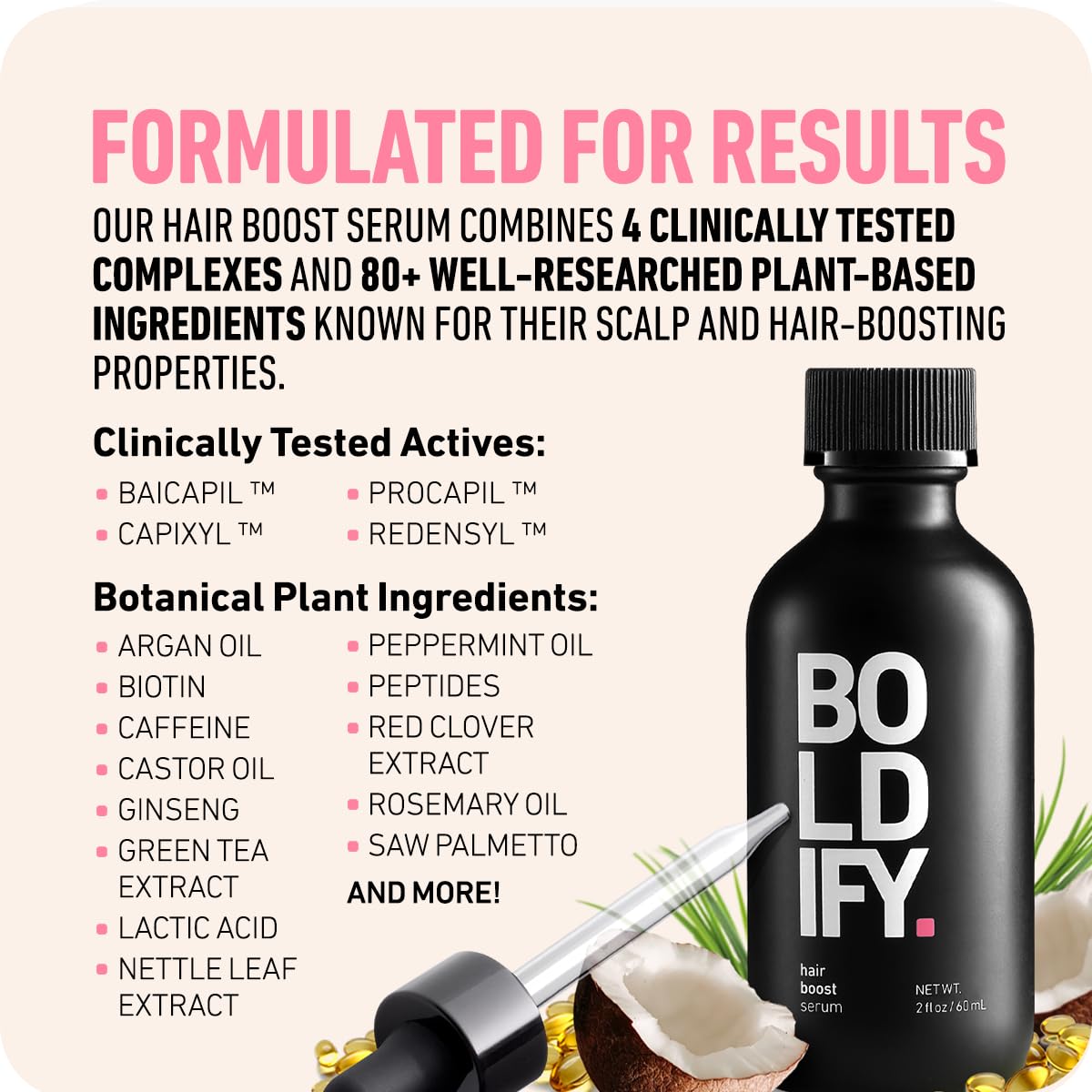 Boldify ingrédients biotine-collagène-romarin nourrissent le cuir chevelu.