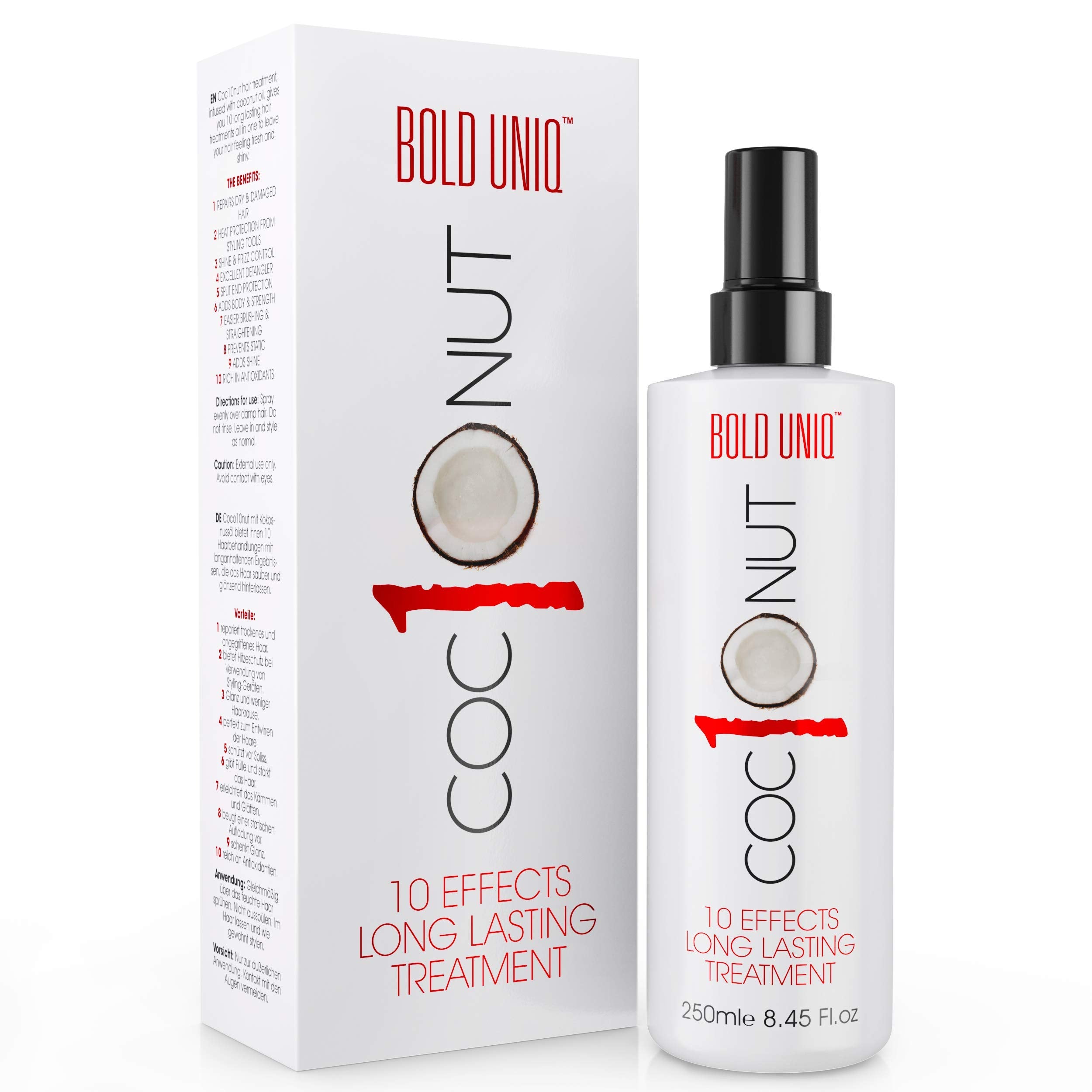 Spray de protection thermique coco Bold Uniq, flacon en avant, protège les cheveux contre la chaleur.