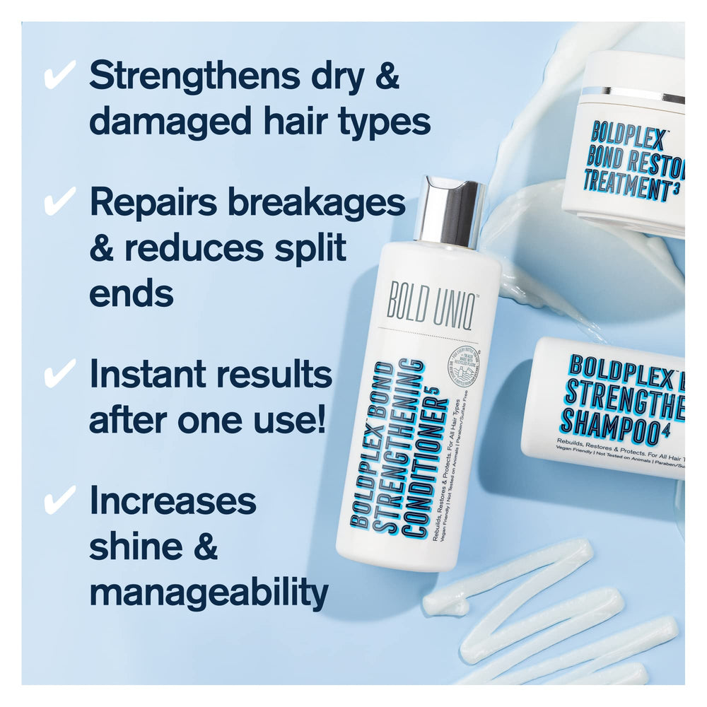 Bolduniq shampoo renforcement bond 4 en flacon, texture douce et cheveux hydratés.