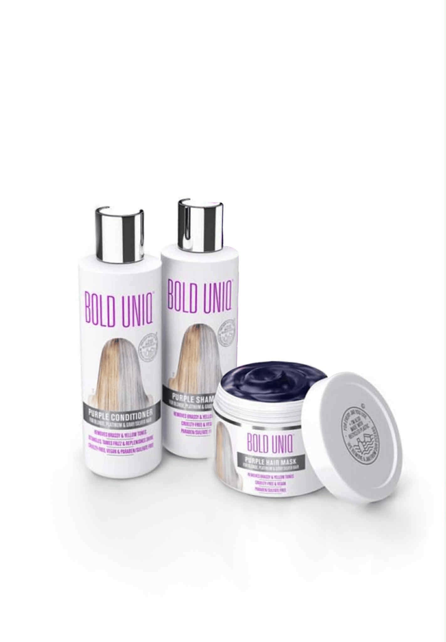 Coffret cadeau BOLD UNIQ violet, révélant des reflets blondes nets et sans jaunissement.