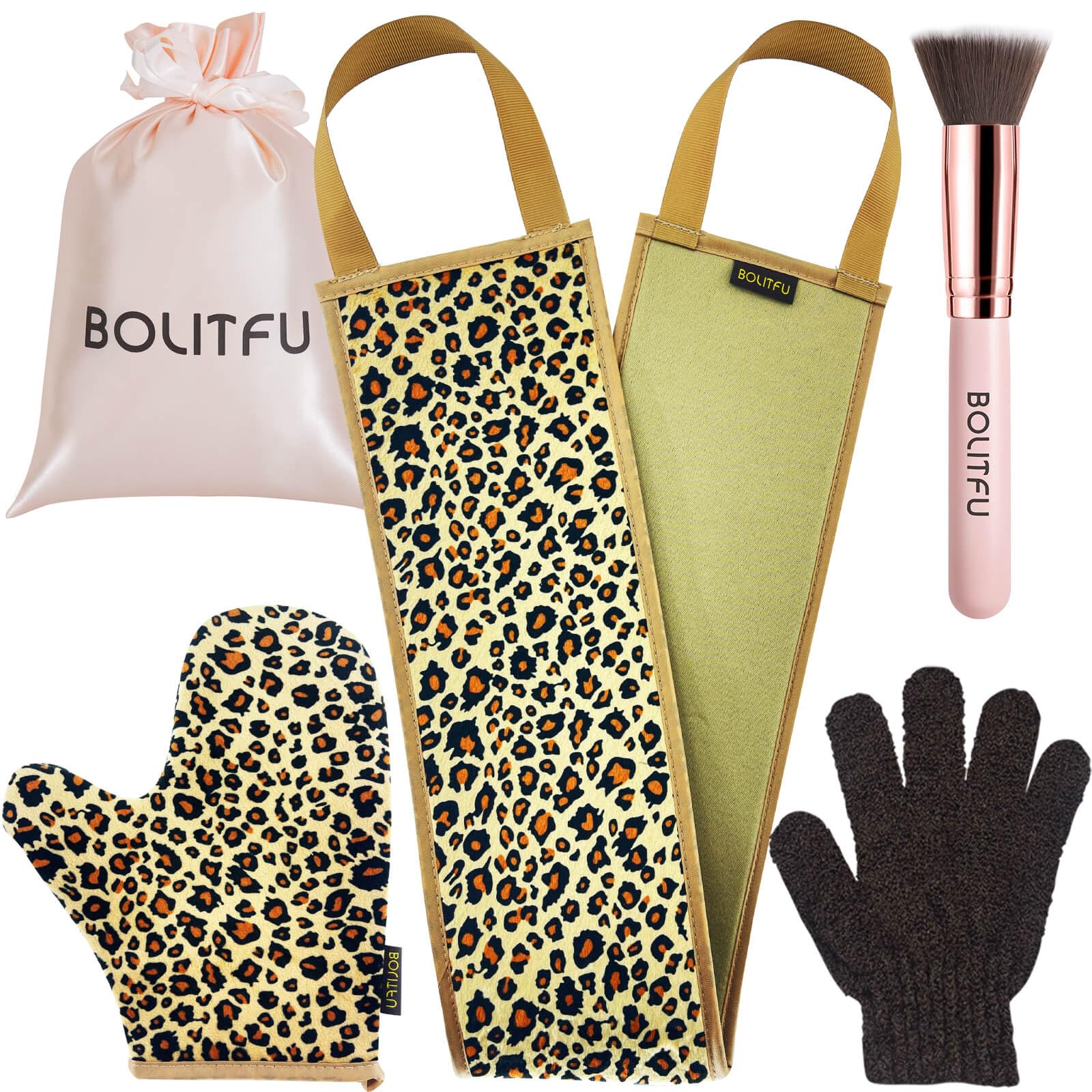 Bolitfu gant auto-bronzage doux léopard pour une application homogène sans traces.