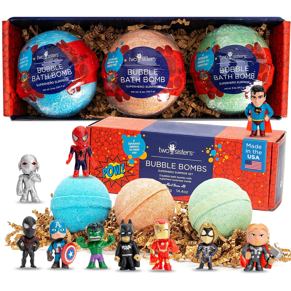 Bombes bain super heros pack3, marque deux soeurs; emballage cadeau prêt à offrir.