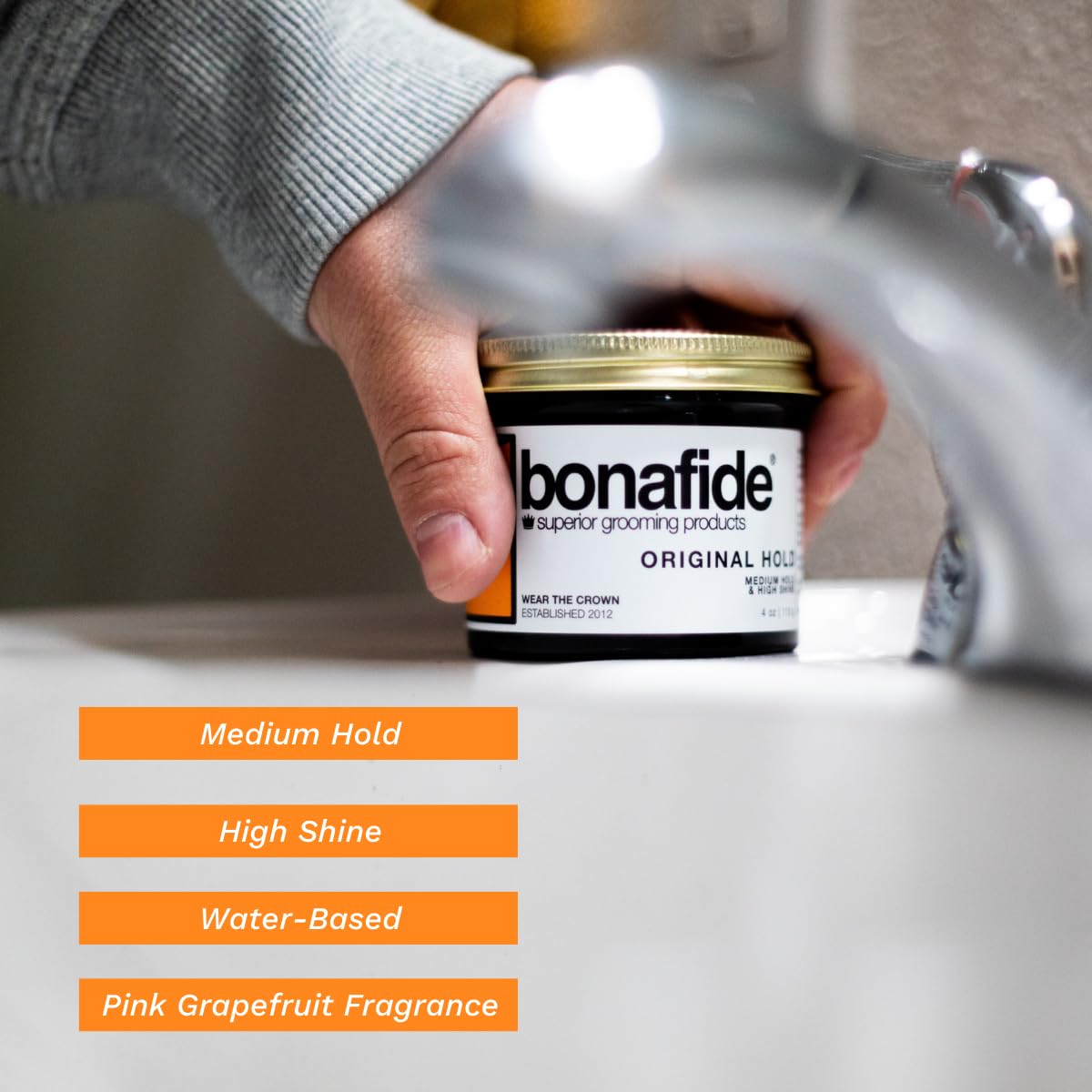 Bona Fide Pomade Original – application facile et progression rapide, idéale pour une coiffure définie.