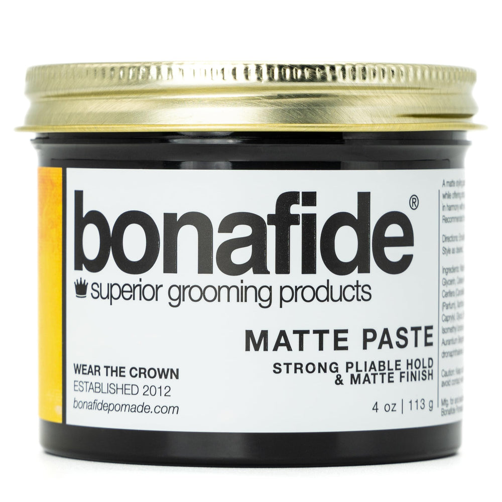 Bona Fide Pomade pâte matte 4oz prête à l’emploi pour une tenue légère et contrôlable.
