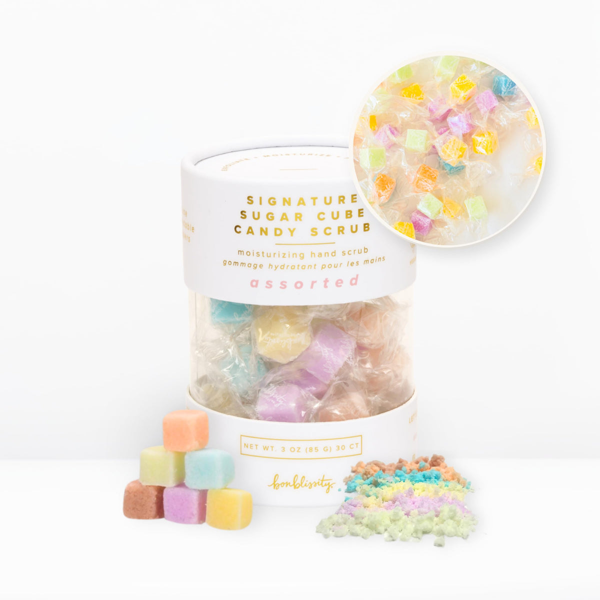 Bonblissity cubes-sucres-gommage-ensemble : exfoliation légère et hydratation en une étape.
