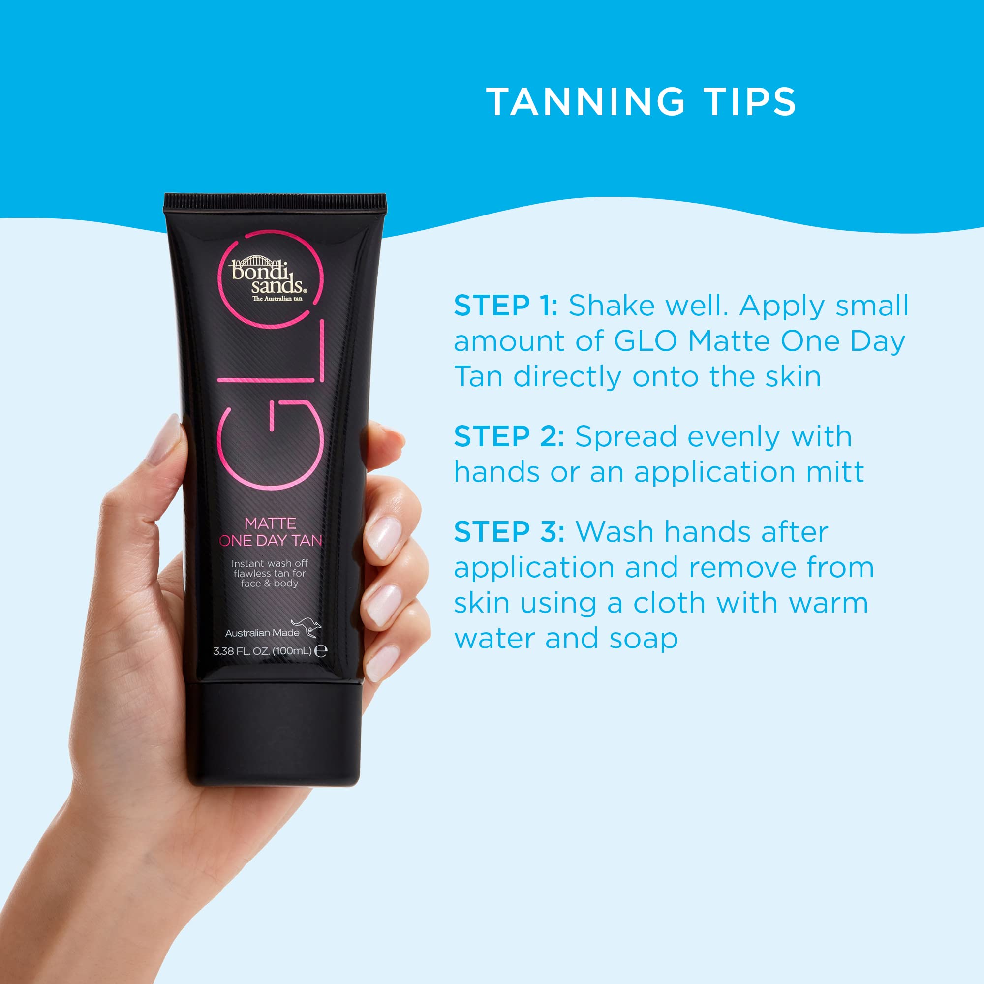 Bondi Sands GLO Matte – facile à enlever avec un chiffon et savon.