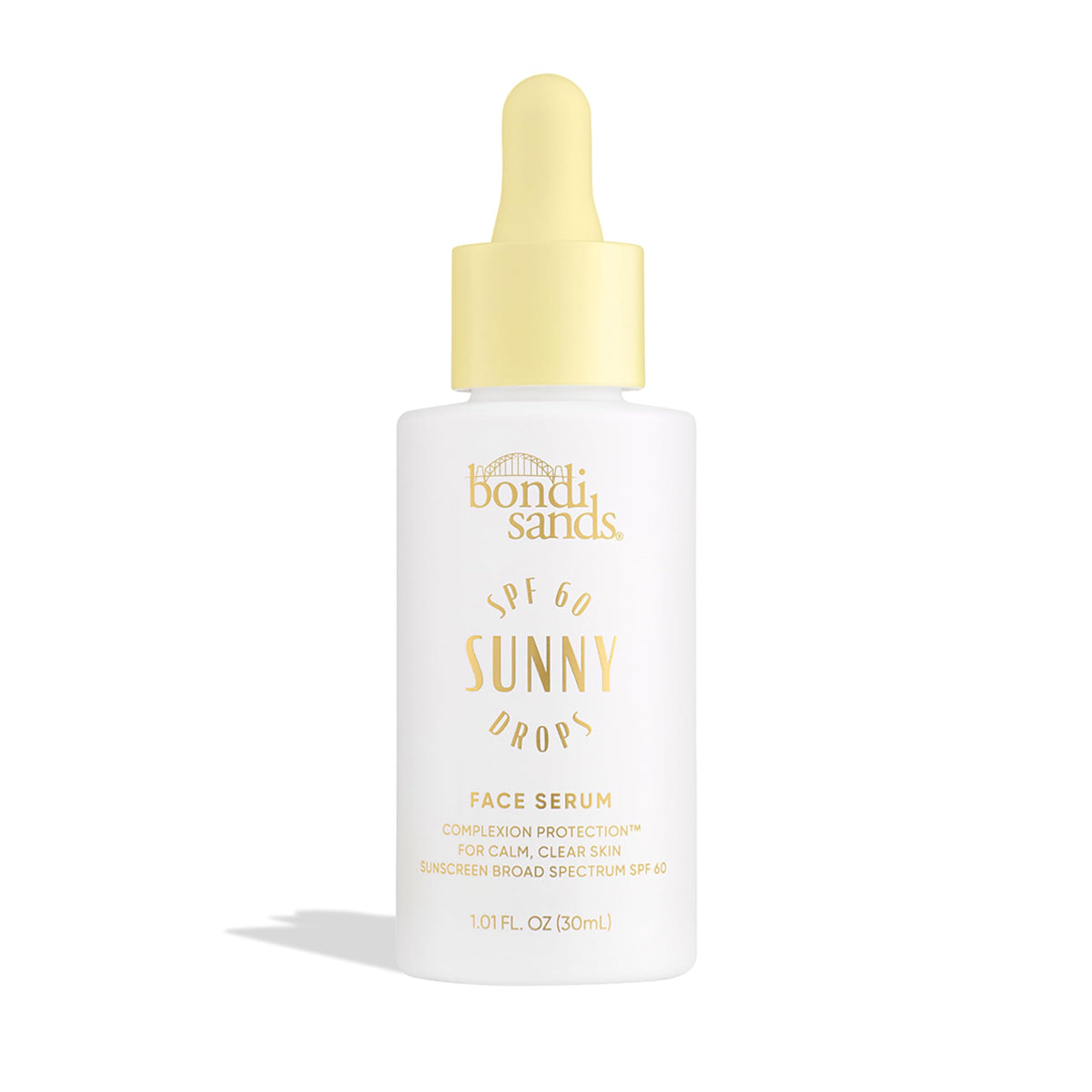 Bondi Sands Sunny Drops SPF 60 serum bottle close-up showing sheer protection on skin.