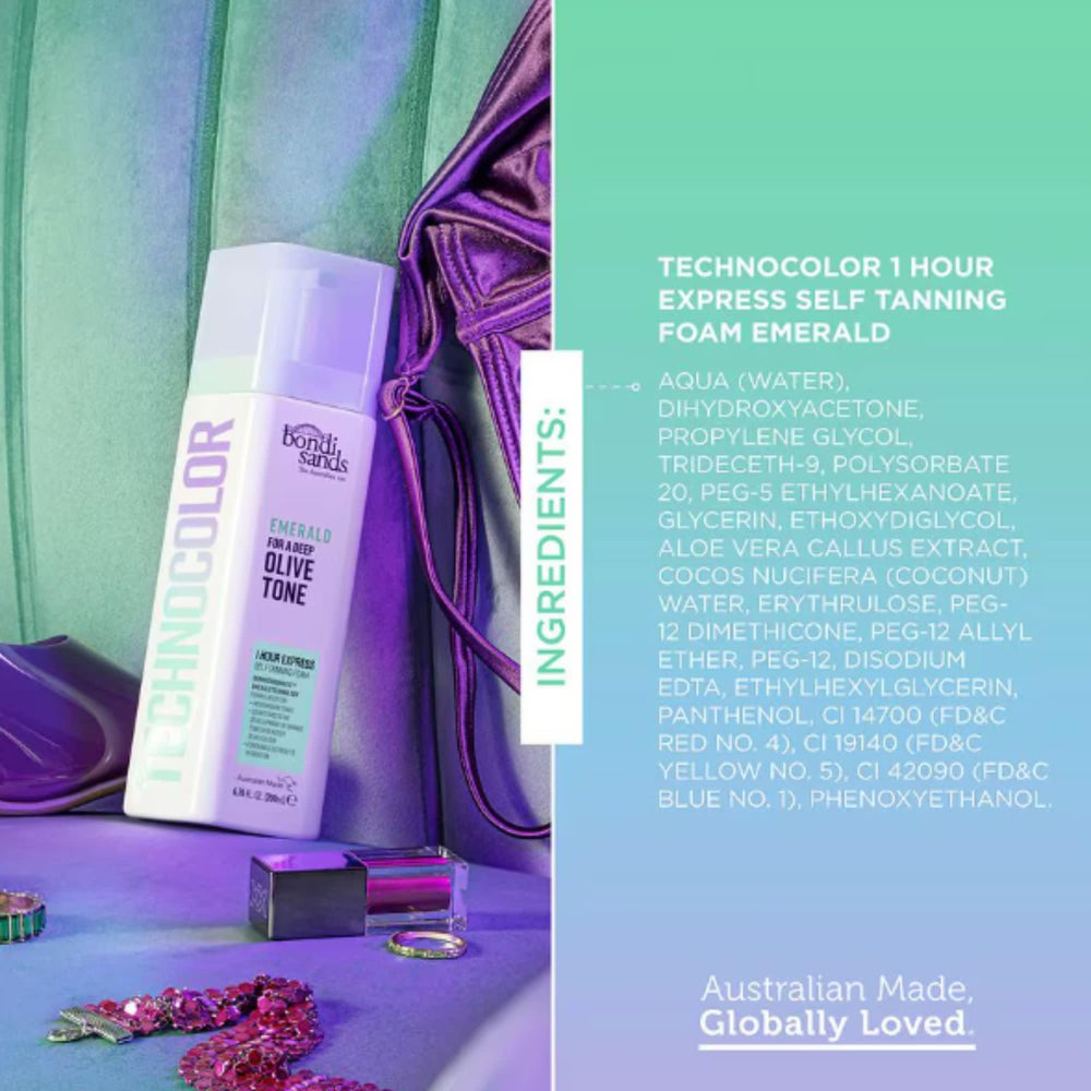 Bondi Sands Technocolor Emerald emballage: design élégant et information utile.