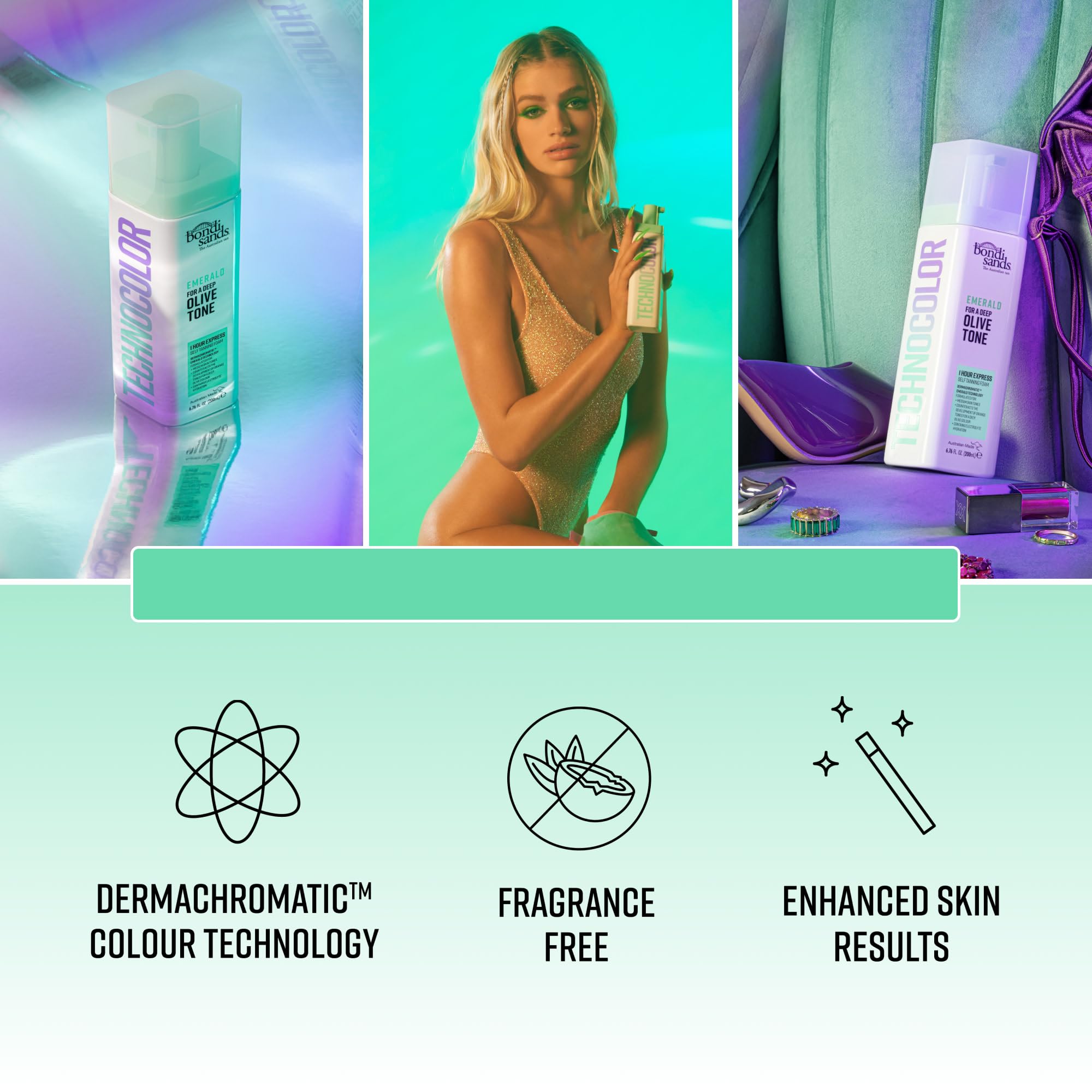 Bondi Sands Technocolor Emerald guide vert: teinte olive stabilisée et naturelle.
