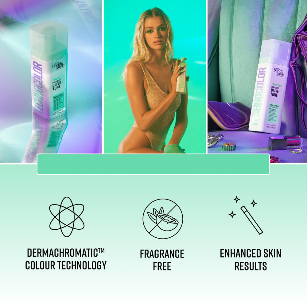 Bondi Sands Technocolor Emerald guide vert: teinte olive stabilisée et naturelle.