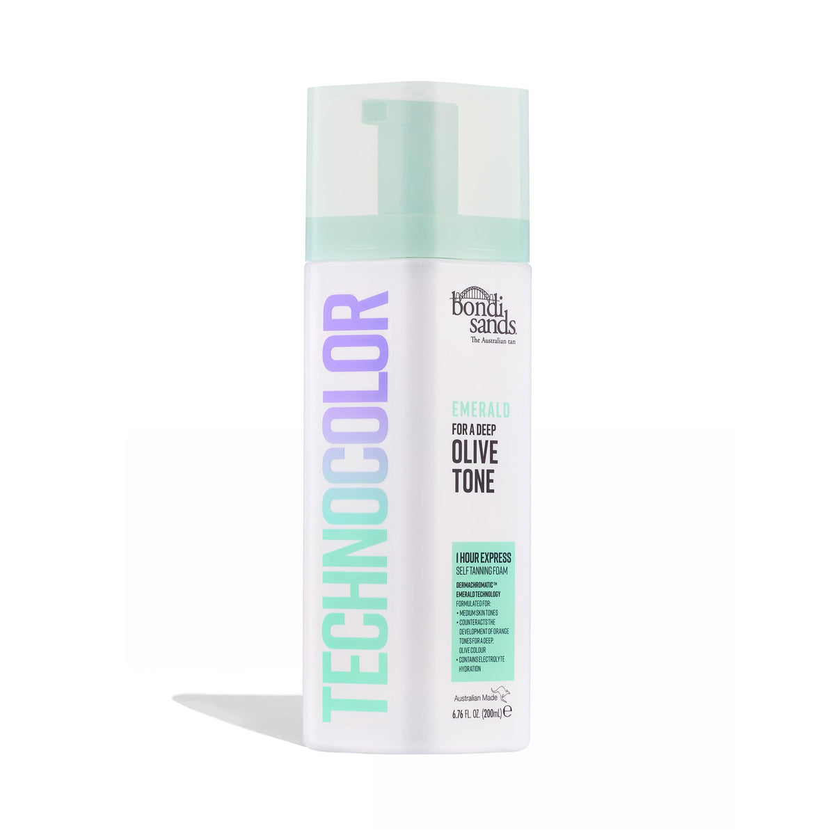 Bondi Sands Technocolor Emerald mousse application: guide vert pour éviter l'orange.