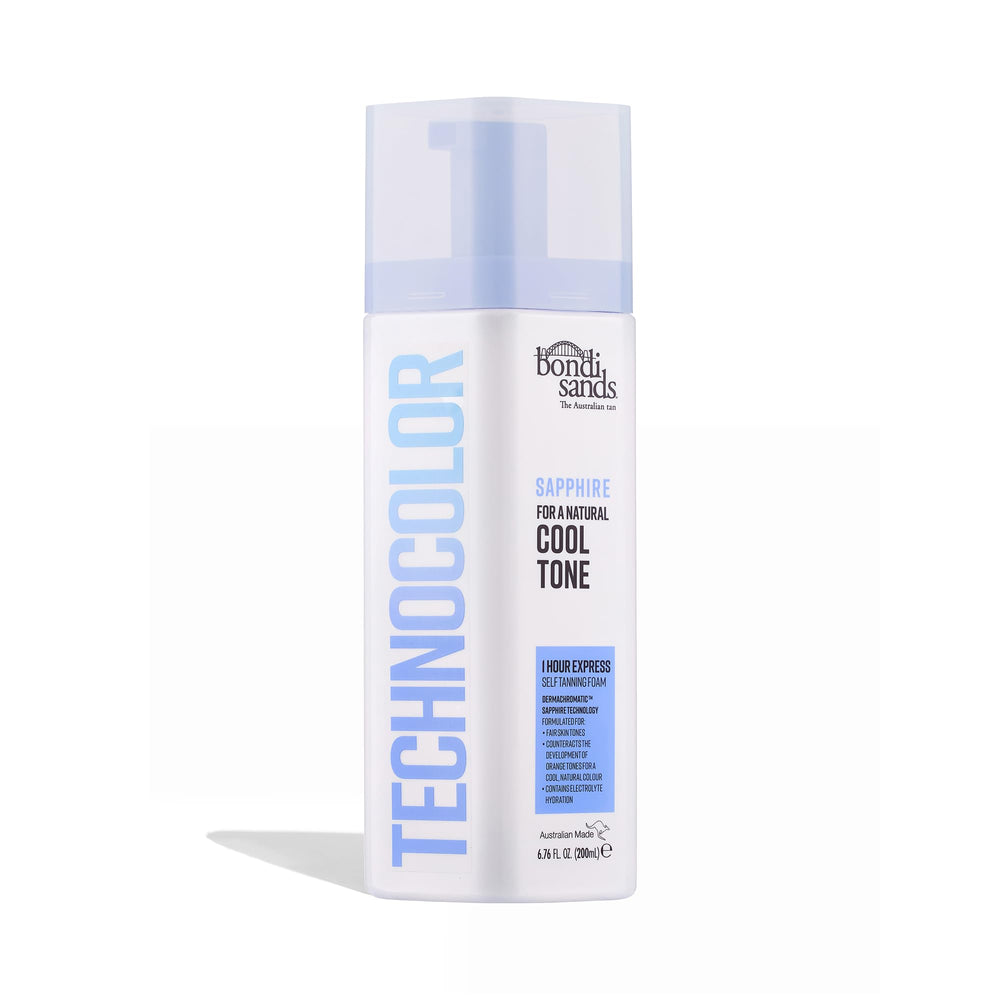 Bondi Sands Technocolor Sapphire guide bleu-gris pour prévenir les tons orangés.