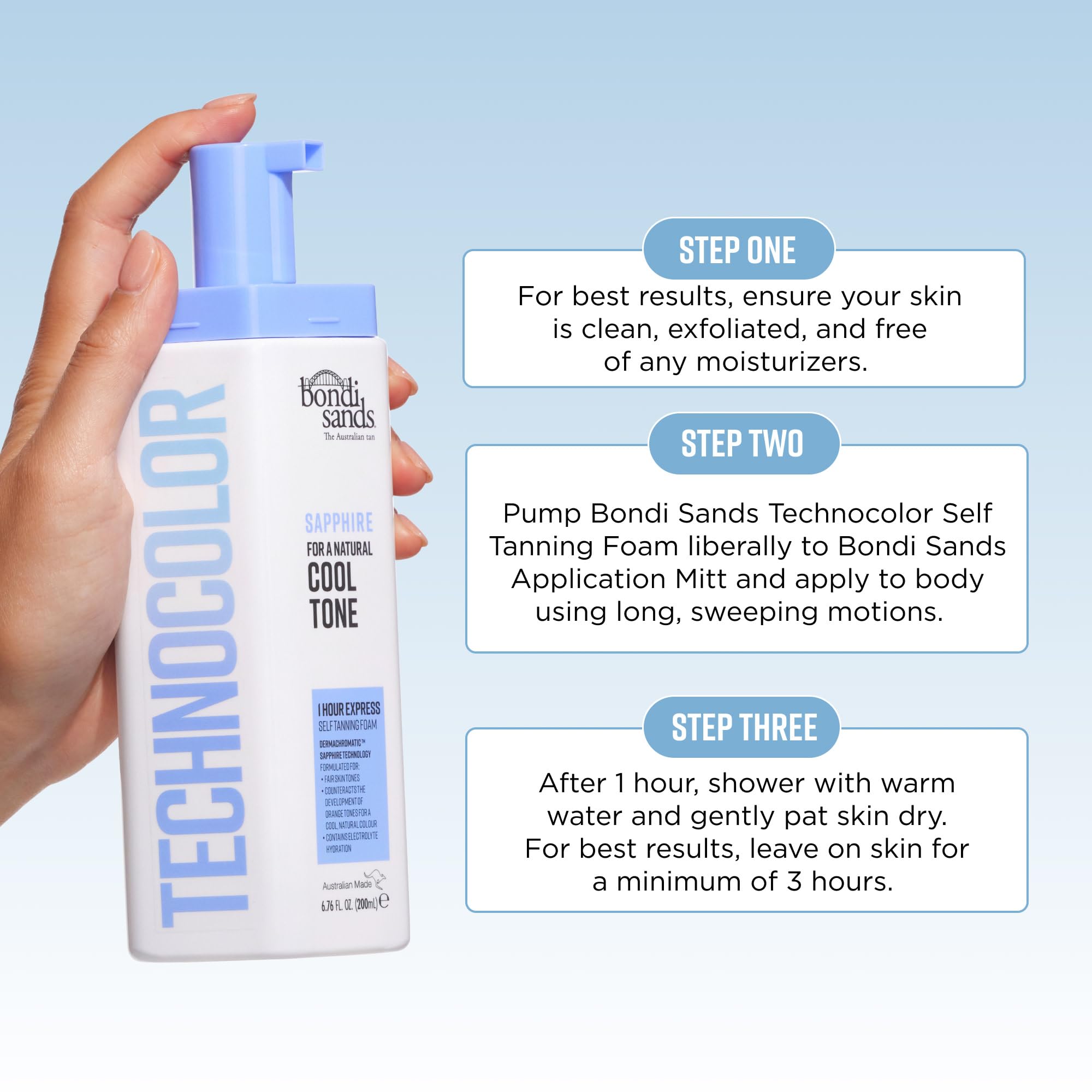 Bondi Sands Technocolor Sapphire préparation de la peau pour rendu optimal.