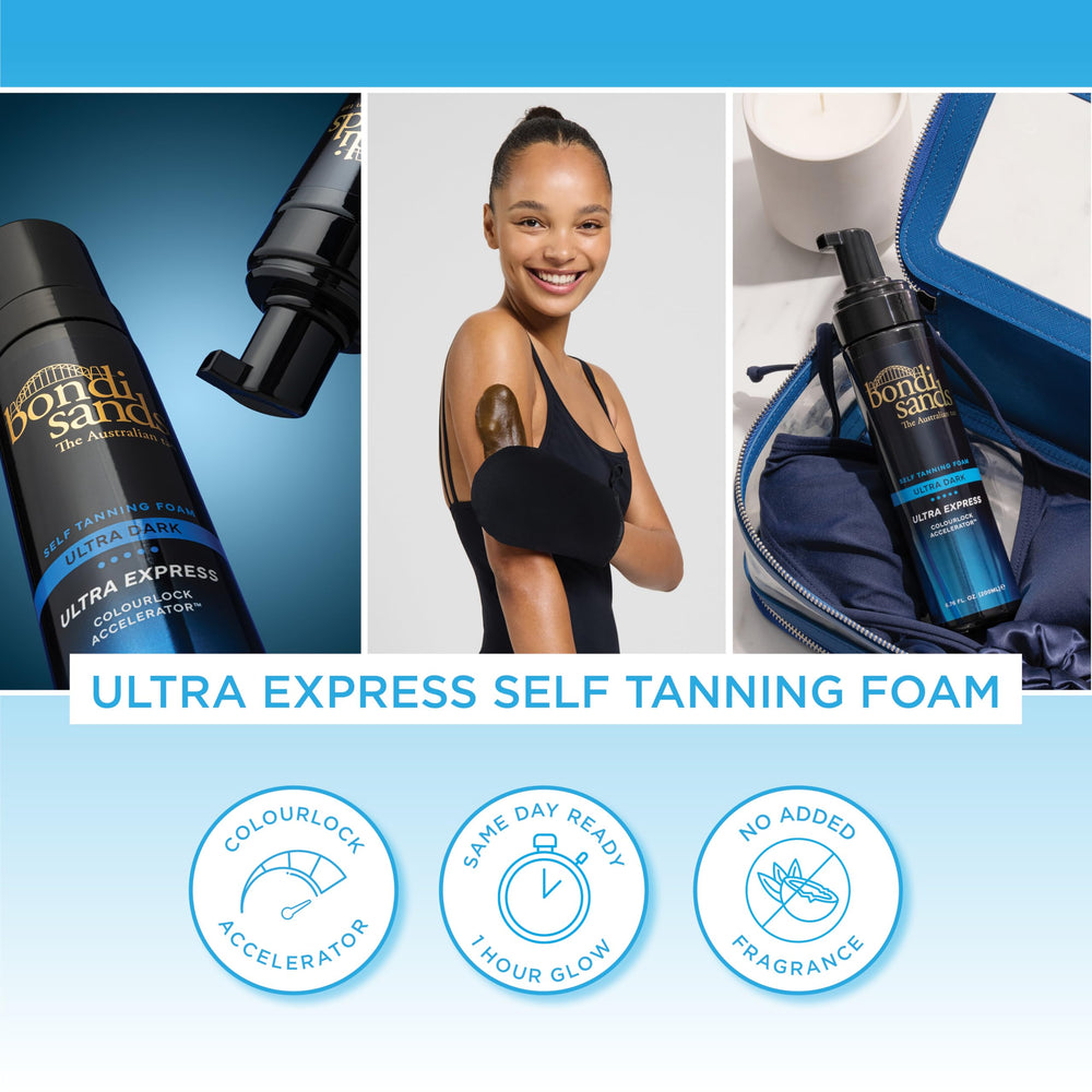 Bondi Sands Ultra Express Mousse Autobronzante – avant/après montrant un teint naturel et progressif.