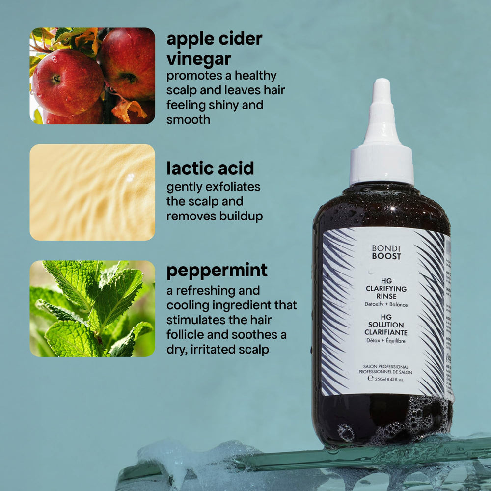 BondiBoost HG Rinçage Clarifiant – sans silicone ni sulfates, formule naturelle.