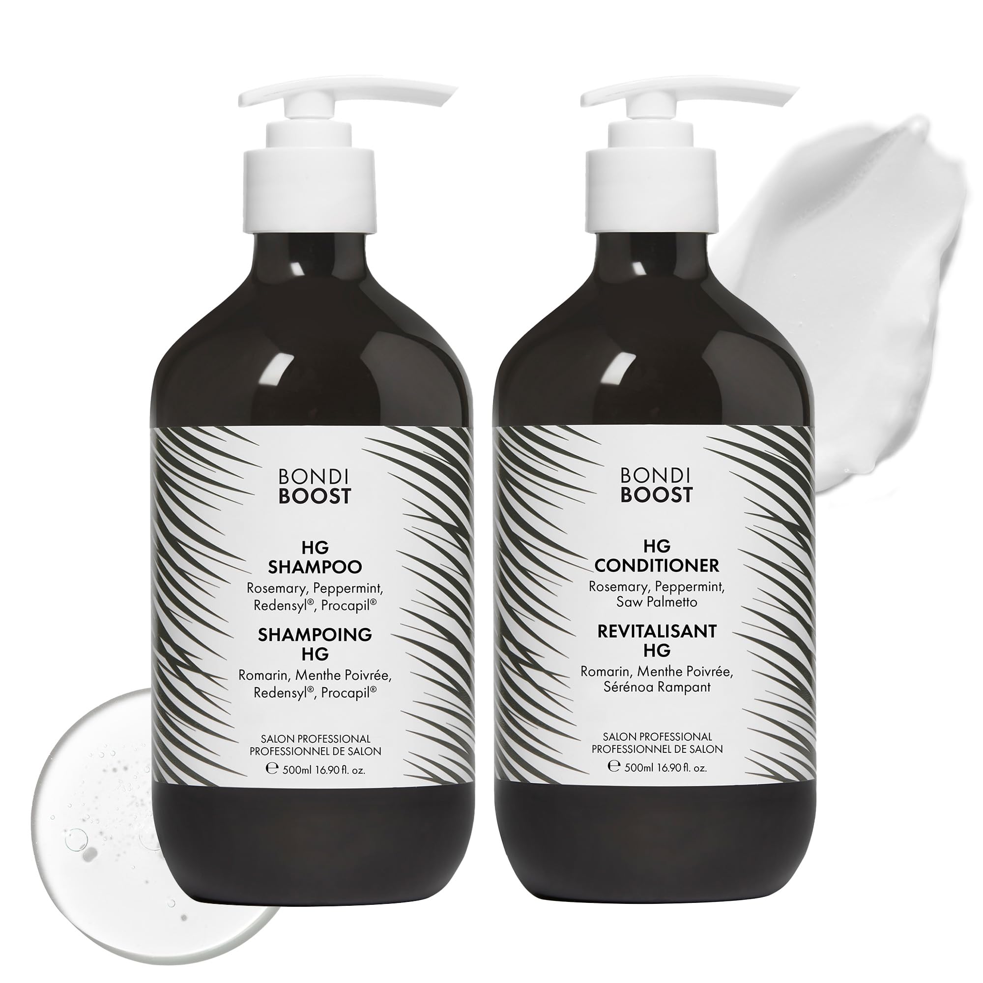 BondiBoost HG shampooing-bouteille, cheveux plus volumineux après utilisation quotidienne.