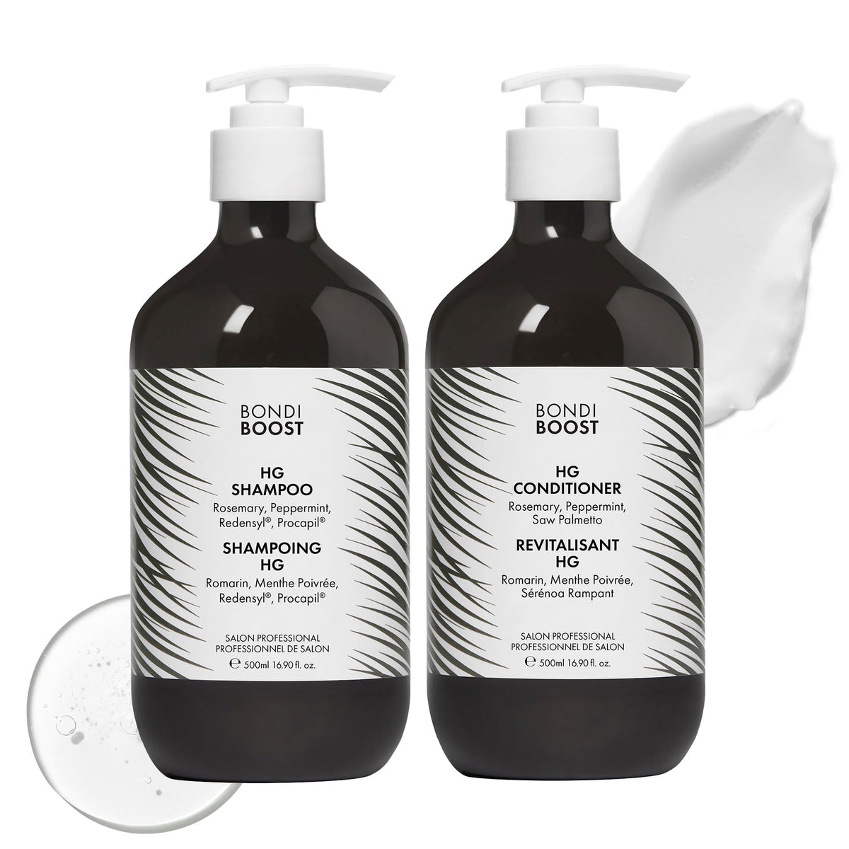 BondiBoost HG shampooing-bouteille, cheveux plus volumineux après utilisation quotidienne.