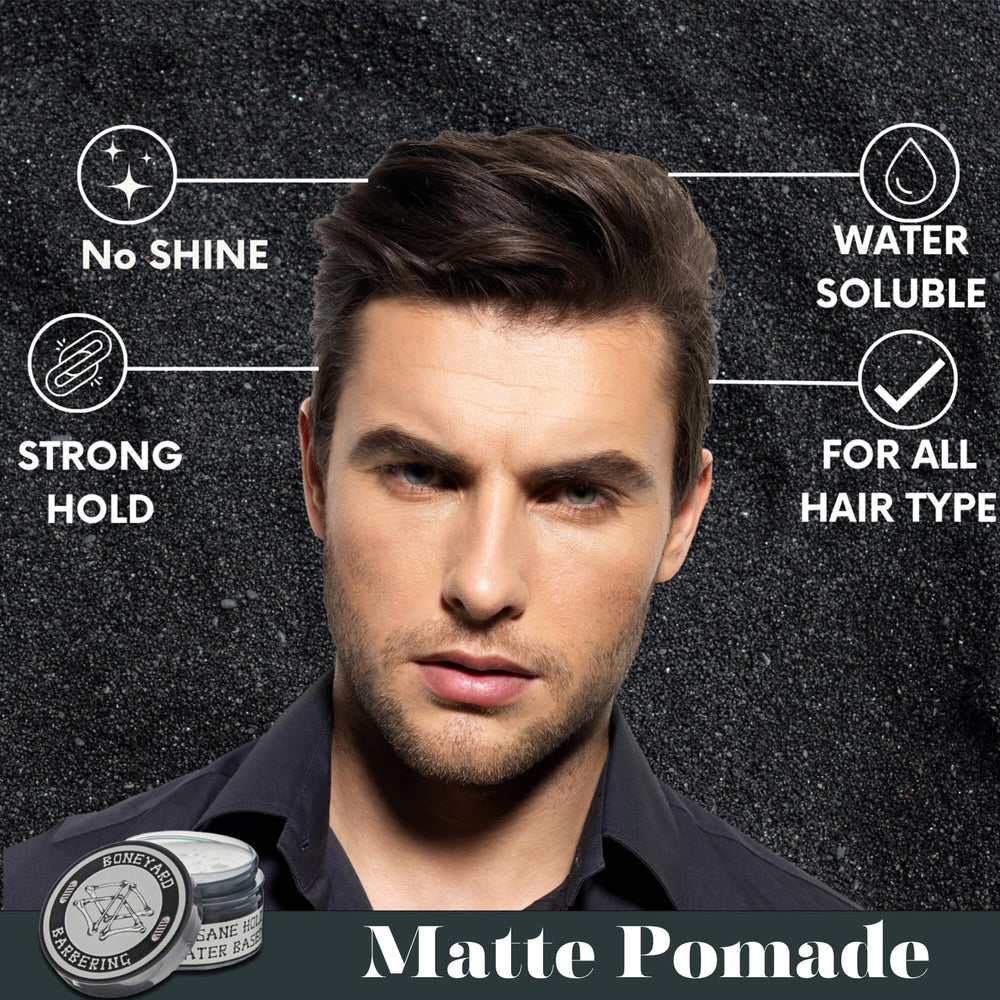 Texture et définition riches avec la pommade matte Boneyard Barbering.