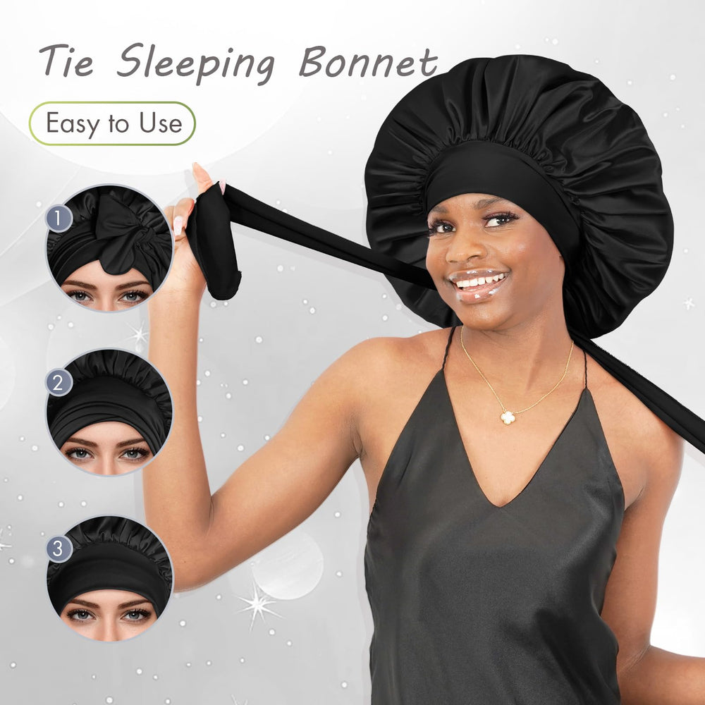 Bonnet-satin-doux-noir BONNET QUEEN idéal pour routine soin capillaire nocturne.