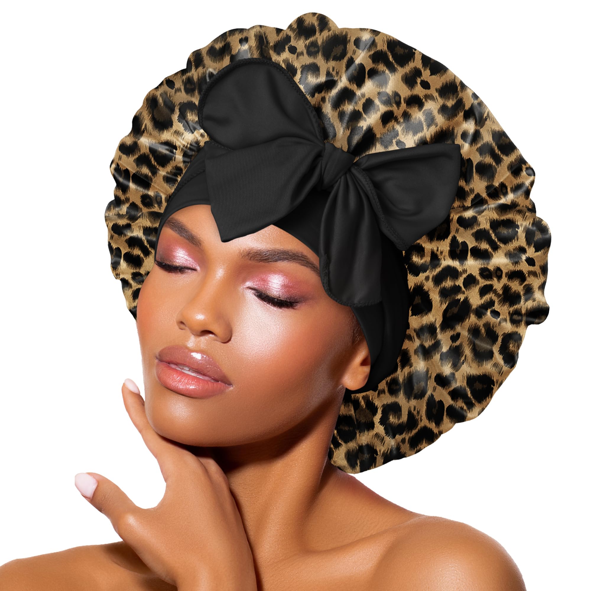 BONNET QUEEN en soie leopard: douceur nocturne protégeant les cheveux.