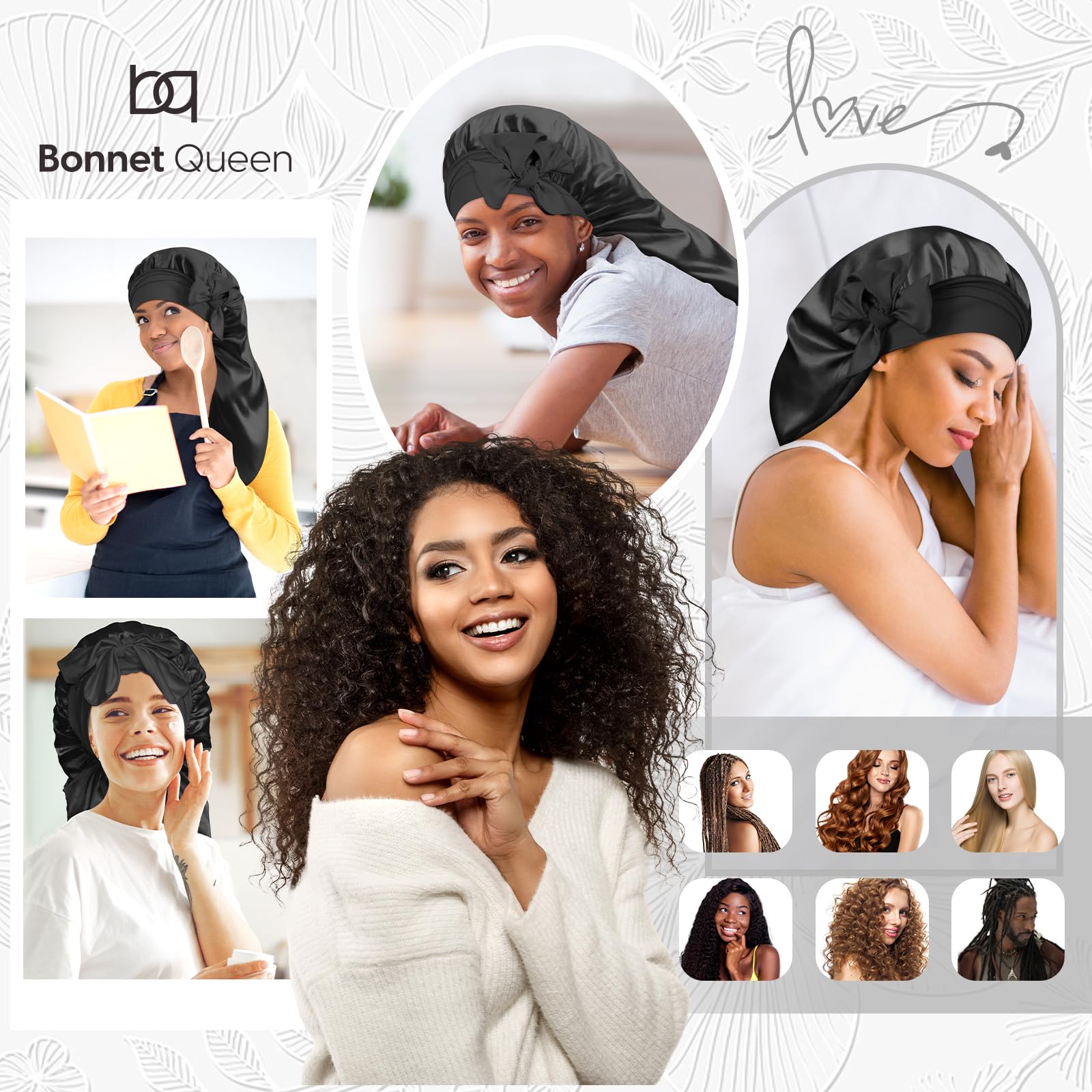 Bonnet Queen tresses en soie avec bande anti-glisse pour maintien nocturne