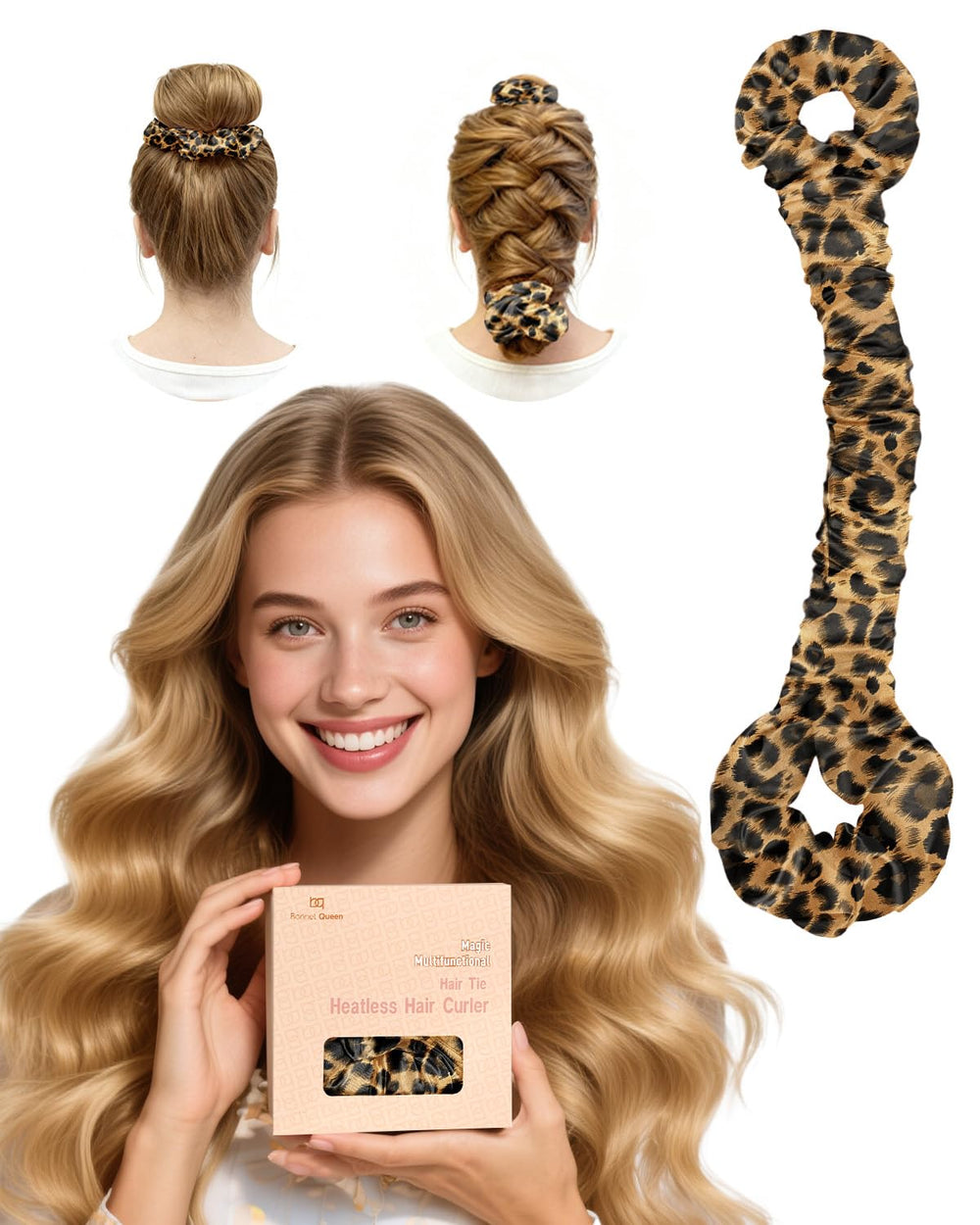 BONNET QUEEN Boucleur sans chaleur grand leopard pour des boucles sans chaleur.