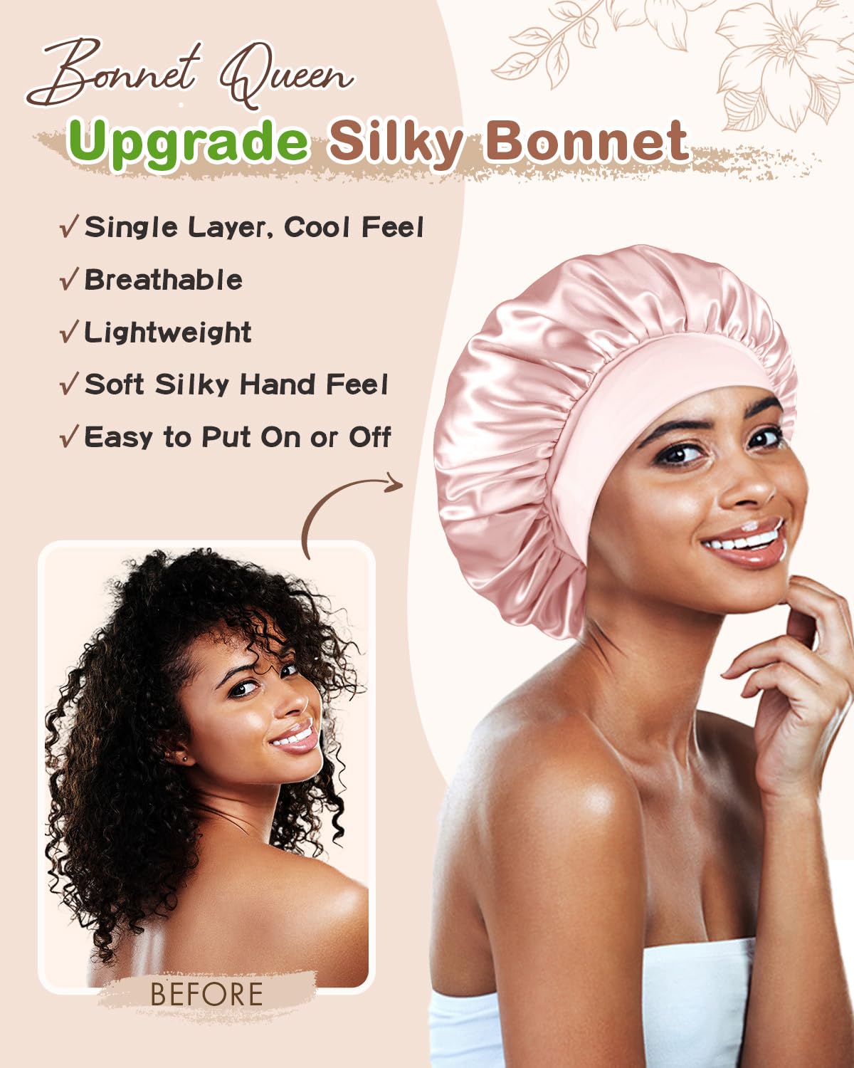 BONNET QUEEN satin léger et respirant pour le confort nocturne.
