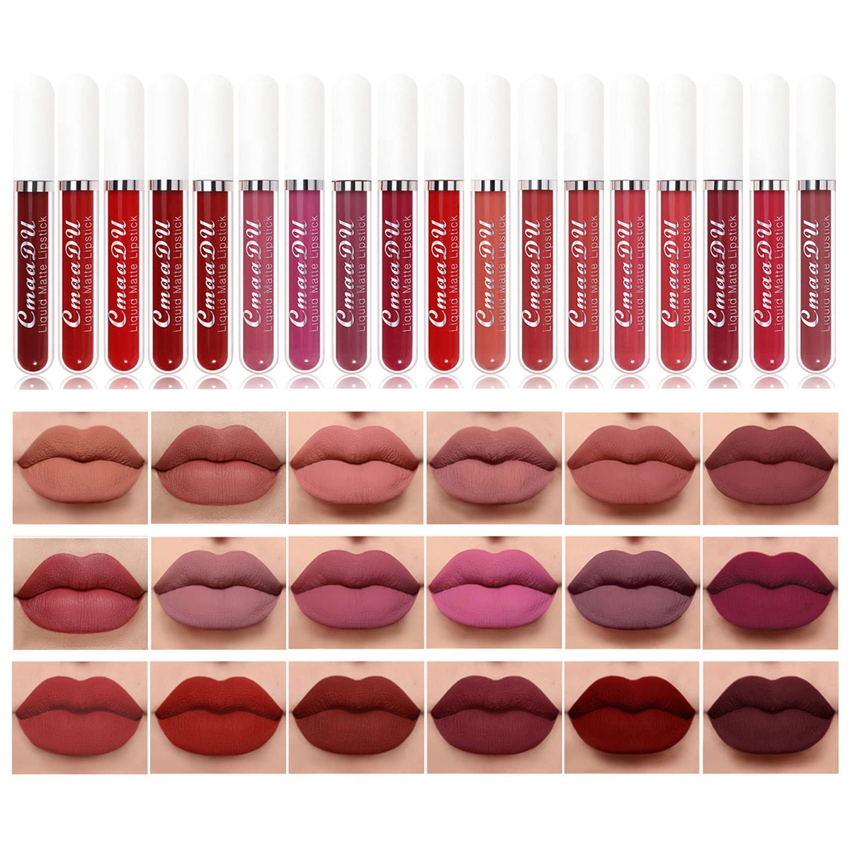 BONNIE CHOICE 18-color matte lipstick set swatches showing vibrant, long-lasting shades