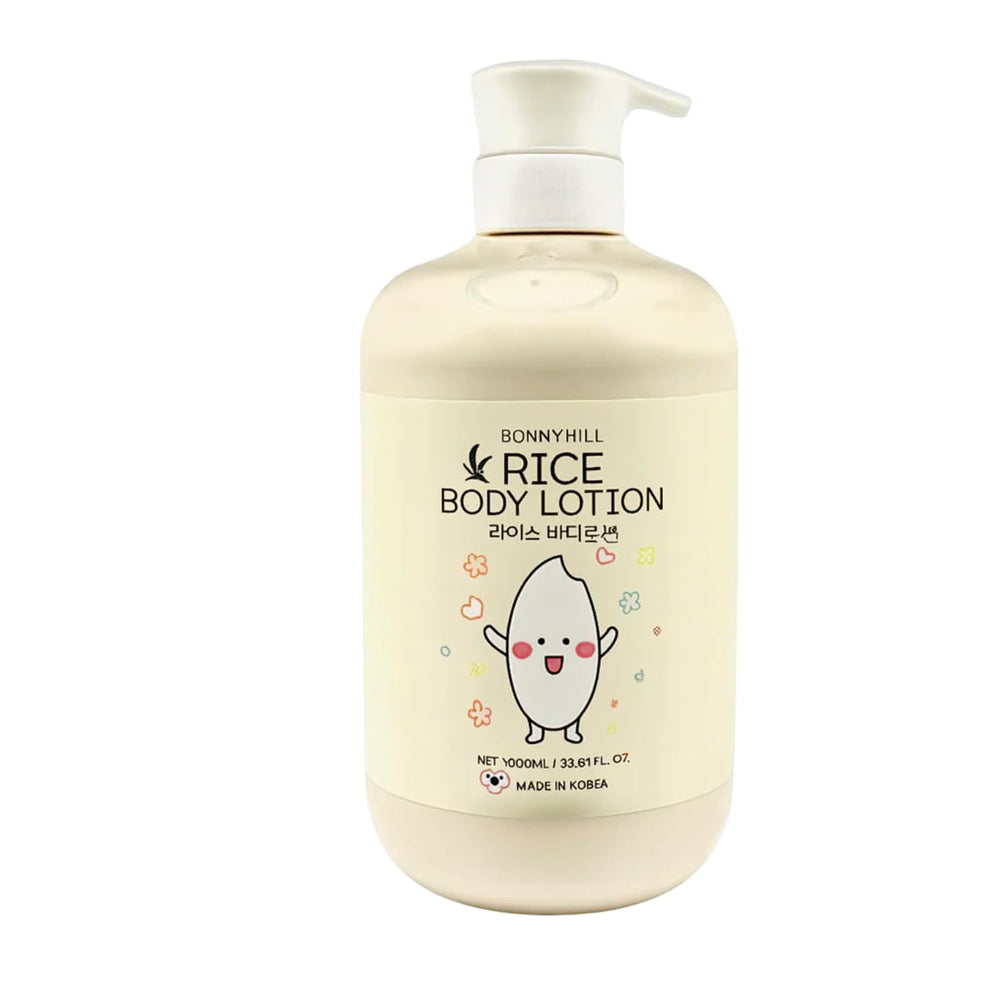 Lait corporel BONNYHILL au riz, bouteille-pompe pratique pour hydratation quotidienne.