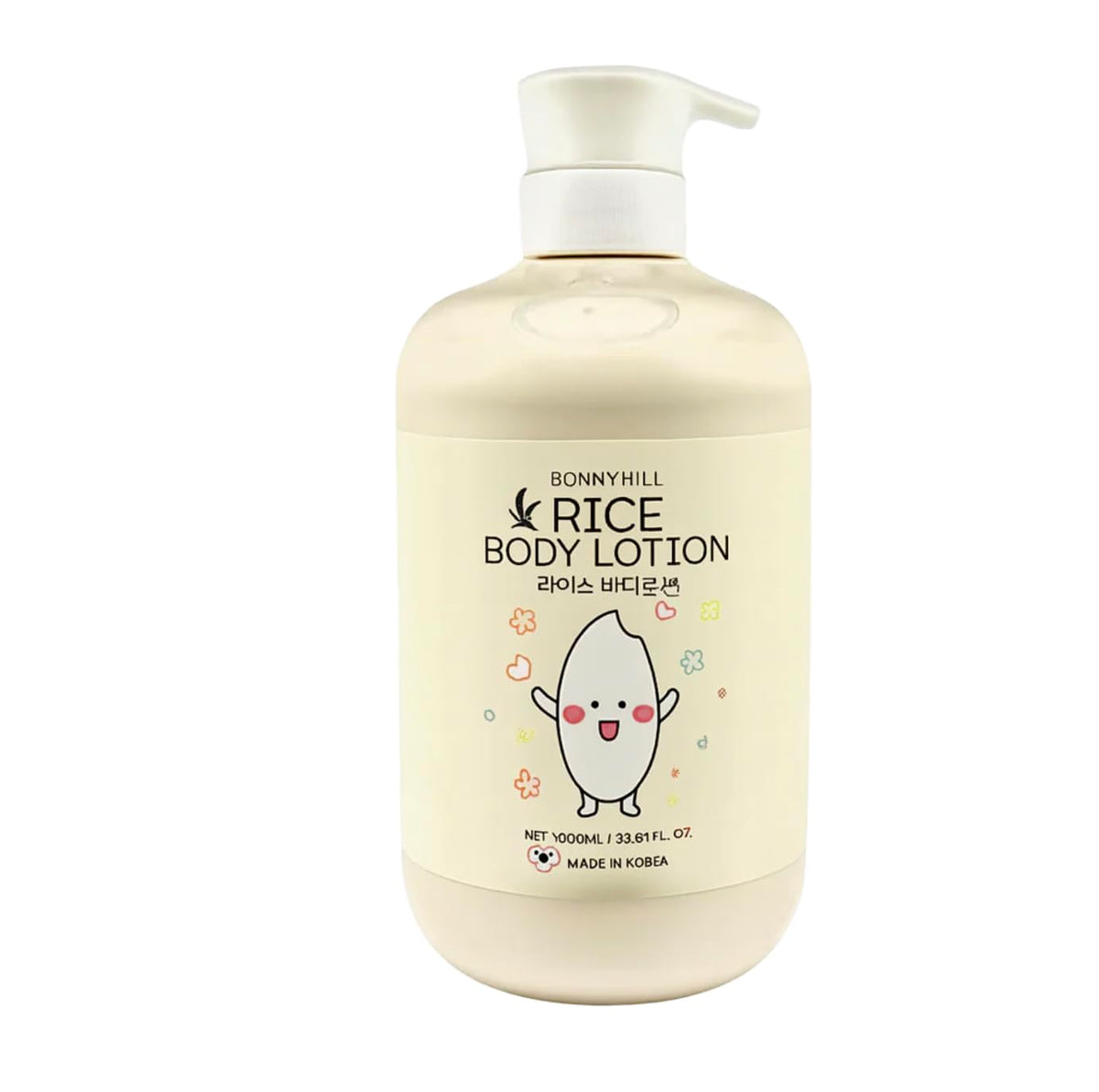 Lait corporel BONNYHILL au riz, bouteille-pompe pratique pour hydratation quotidienne.