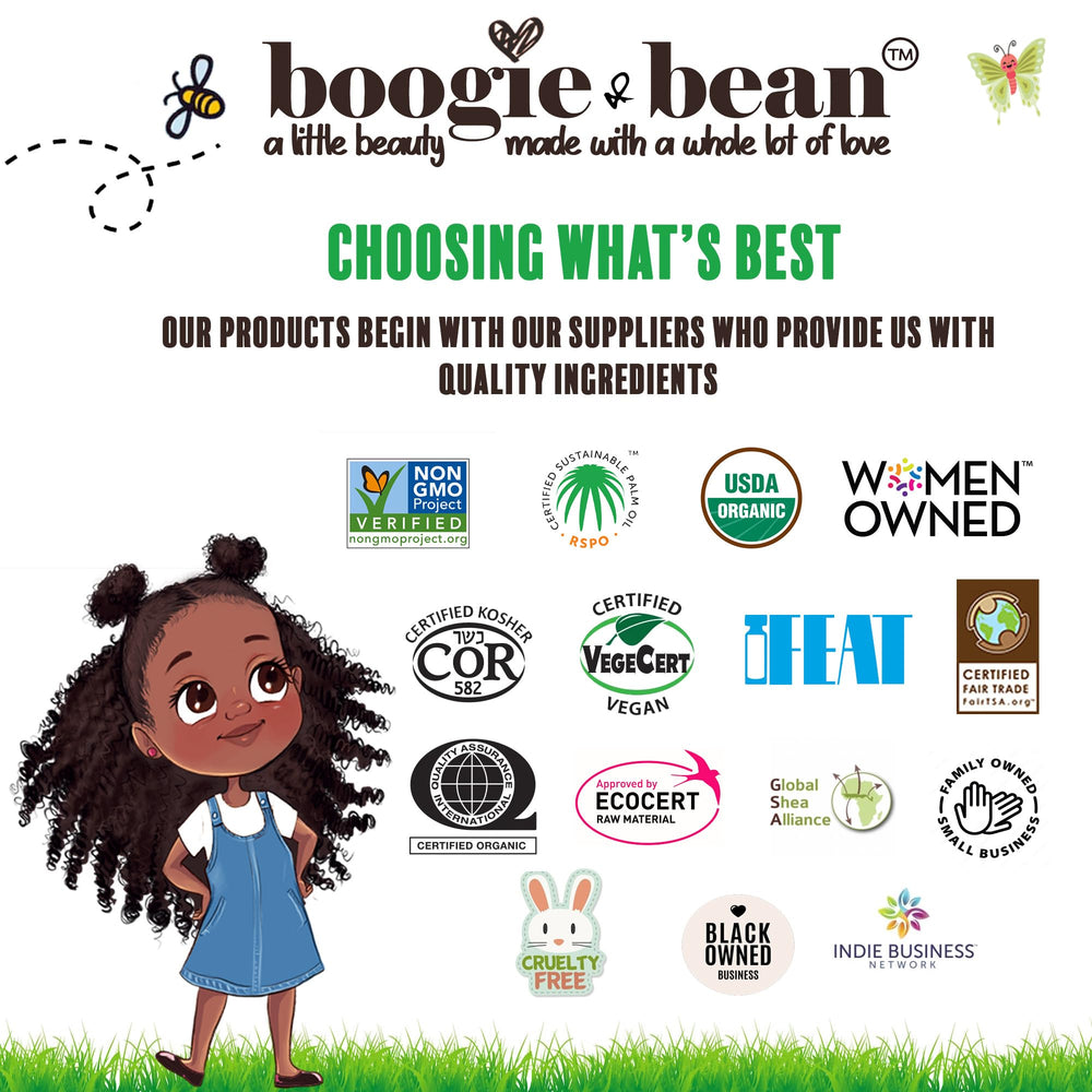 Boogie and Bean infusion naturelle et douce, parfum léger pour cheveux bouclés.