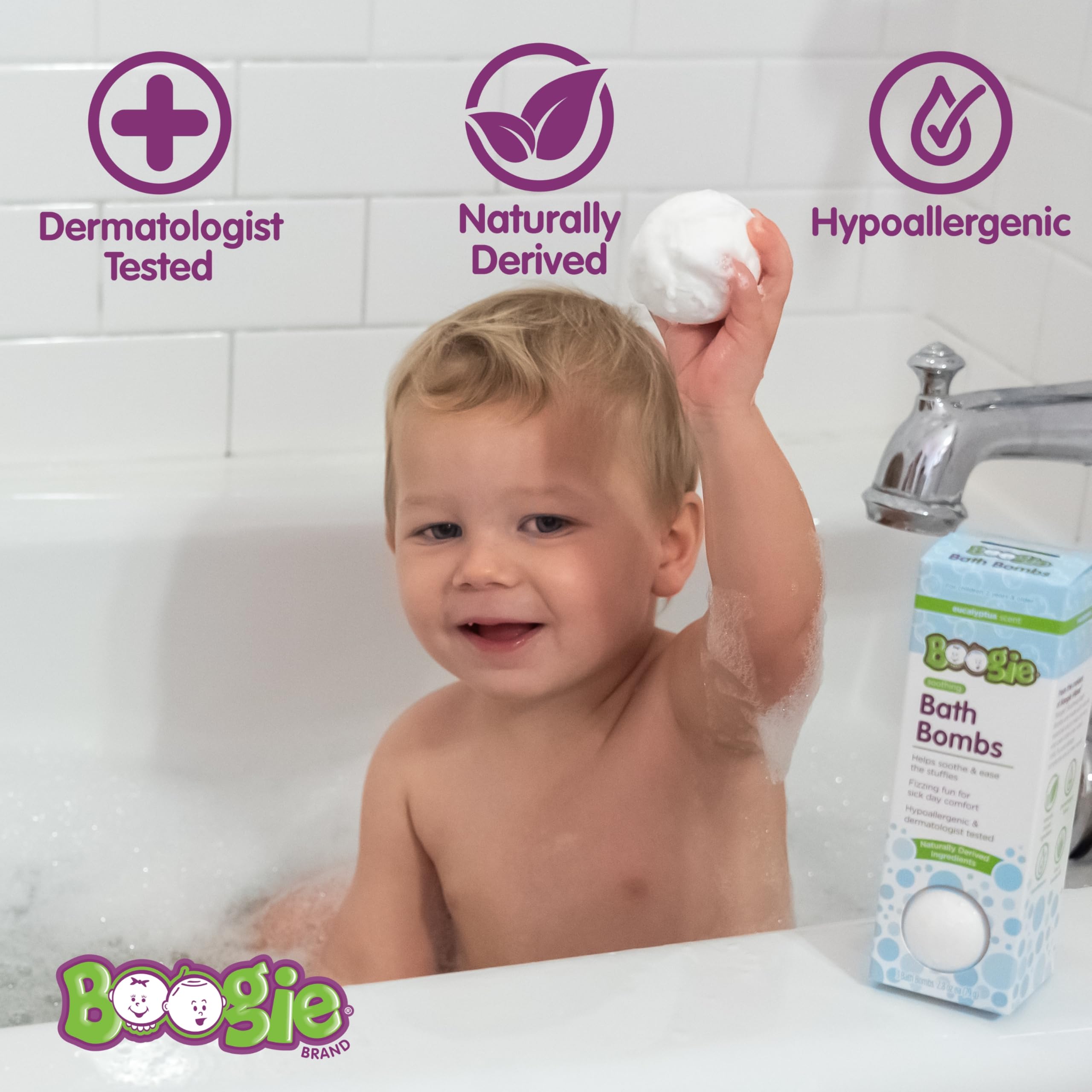 Boogie Kids bombes bain eucalyptus arômes, parfum frais et calmant.