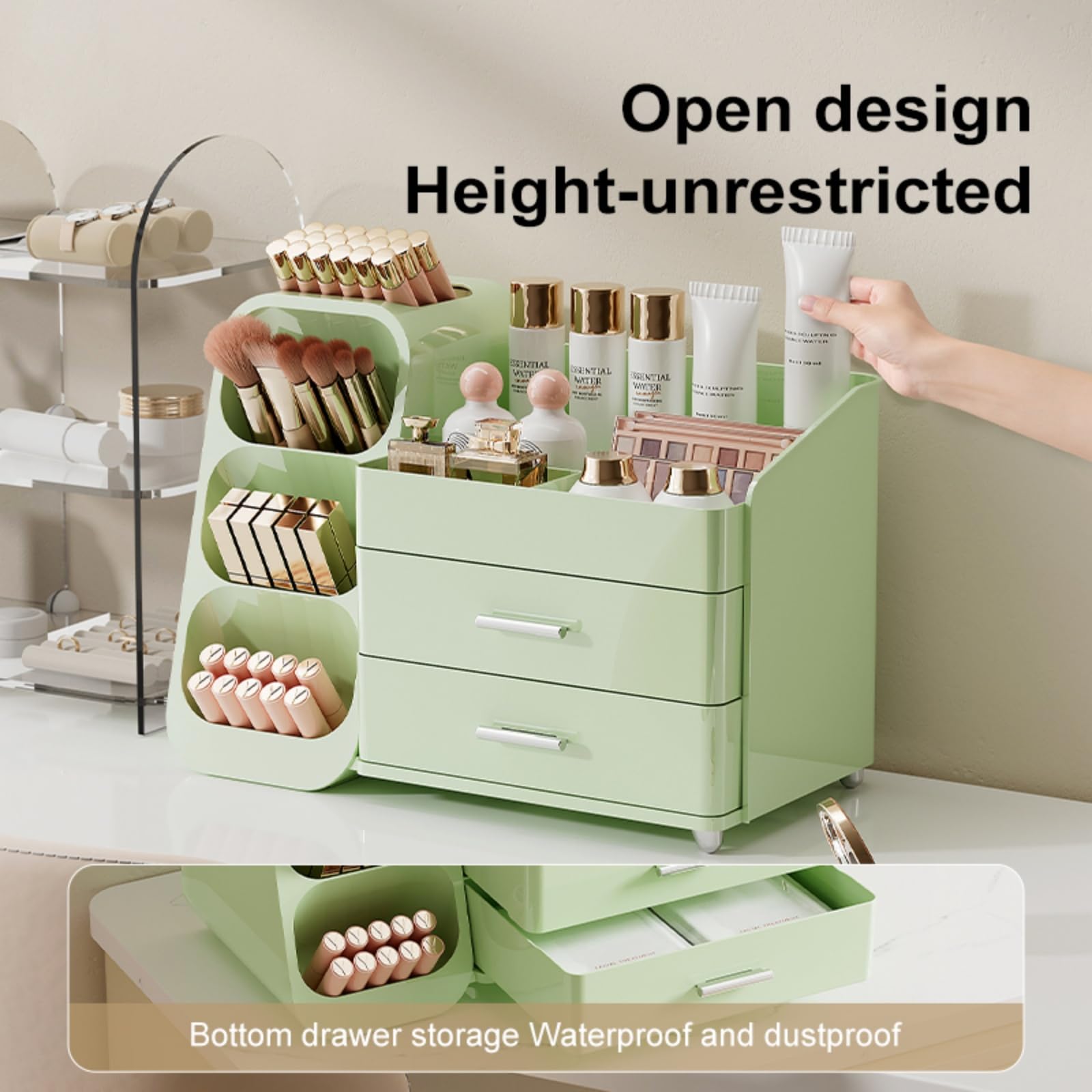 Booklov Étagères polyvalentes pour pinceaux et produits, optimisant l'espace sur votre vanity.