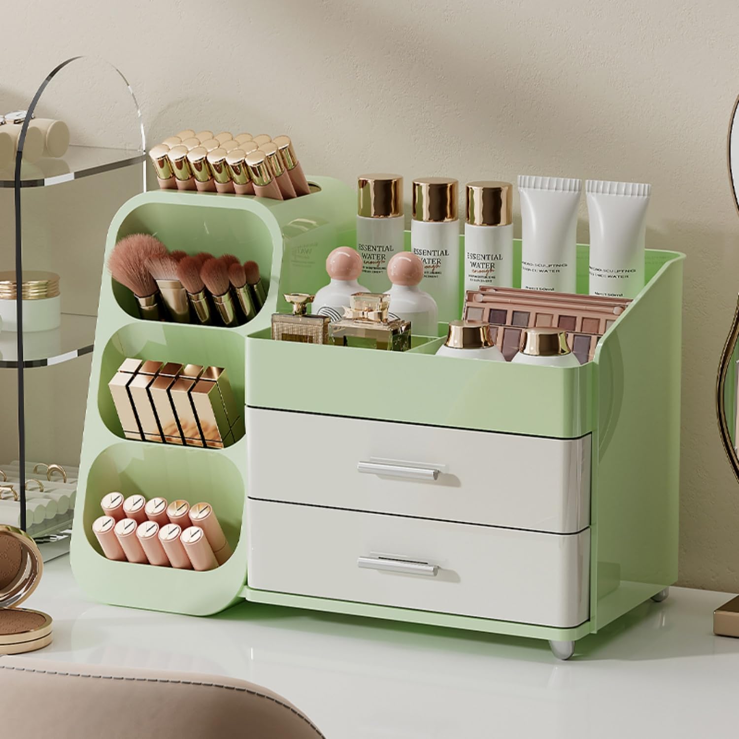 Booklov Organisateur maquillage avec tiroirs sur coiffeuse, rangement élégant et pratique.