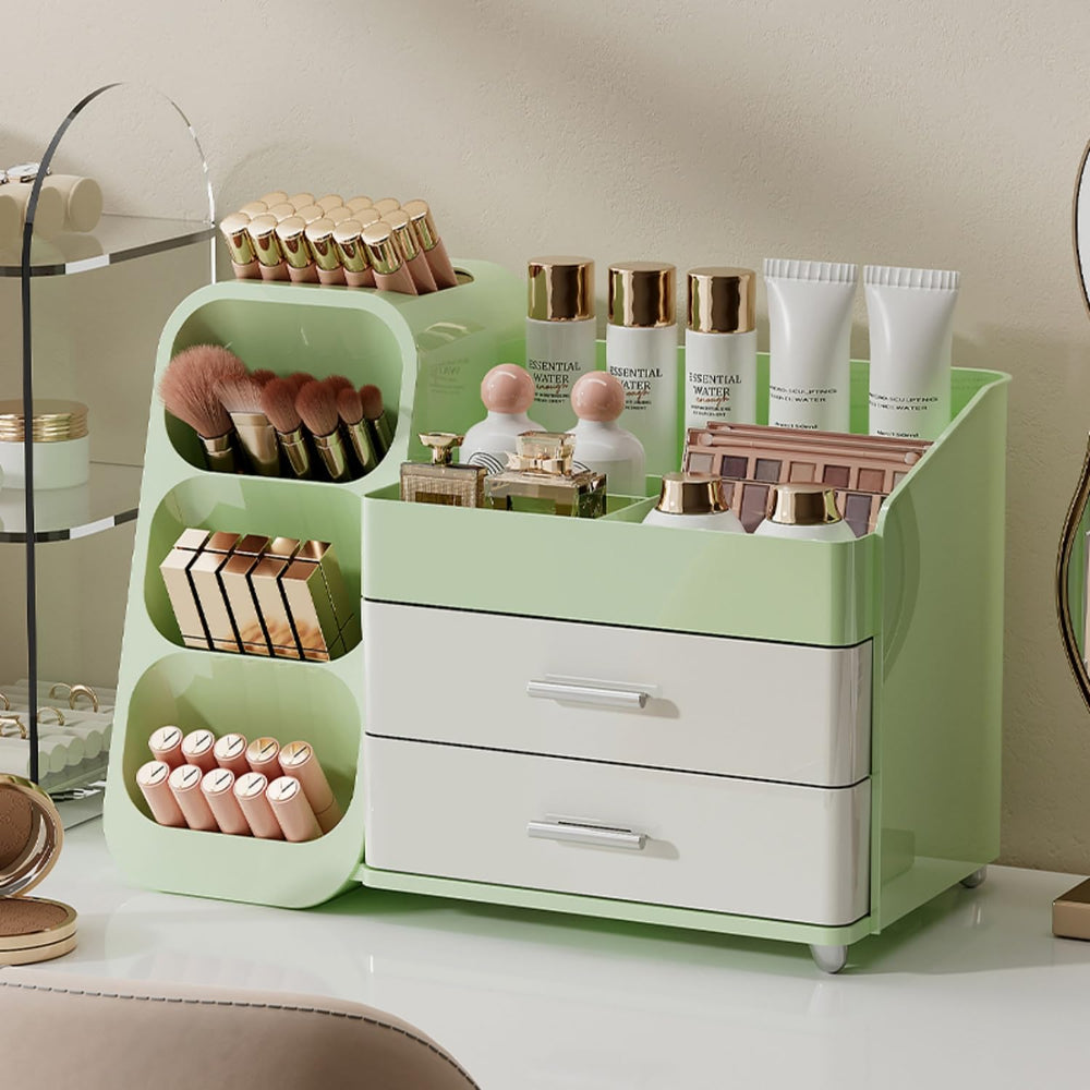Booklov Organisateur maquillage avec tiroirs sur coiffeuse, rangement élégant et pratique.