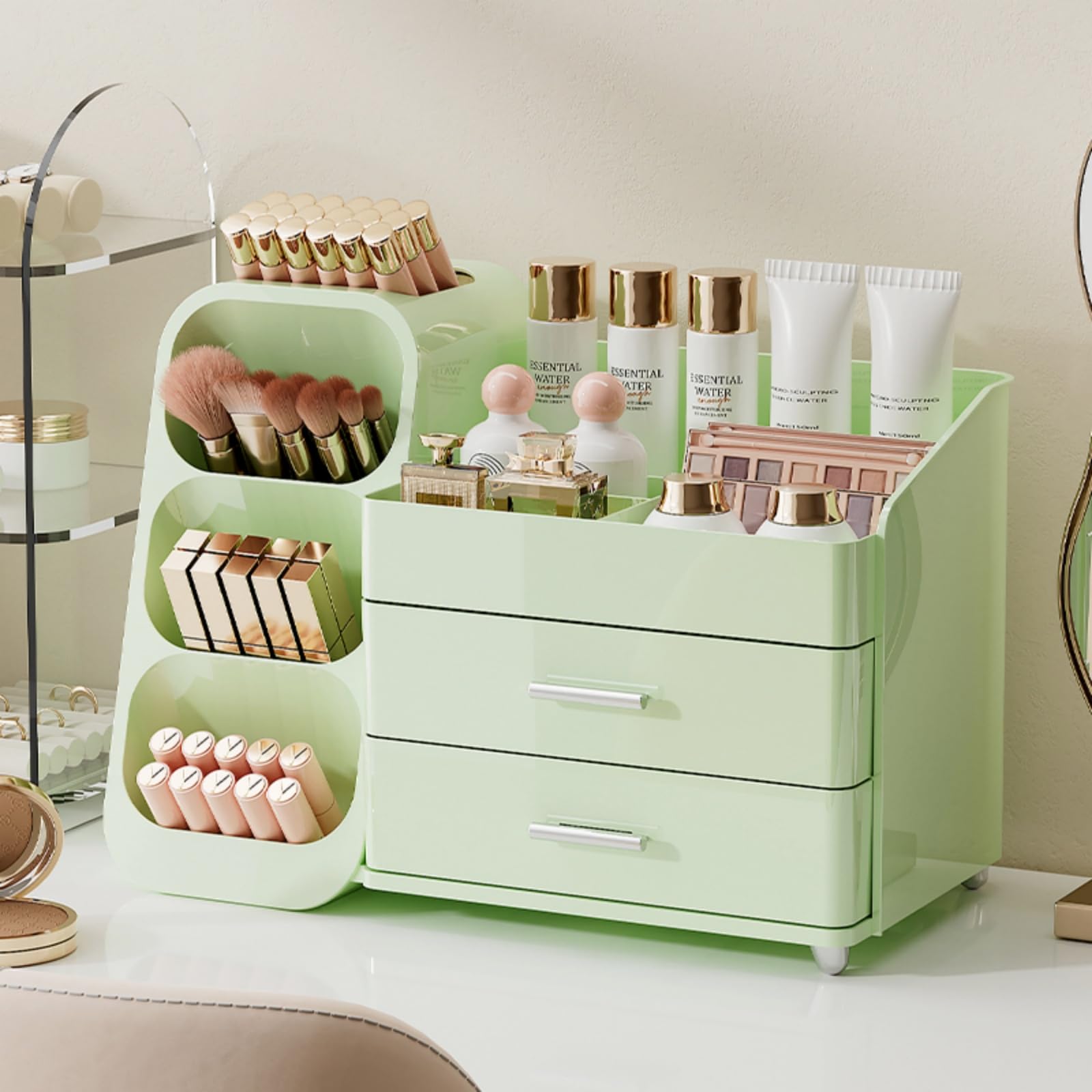 Booklov Organisateur Maquillage avec tiroirs sur vanity, rangement élégant et pratique.