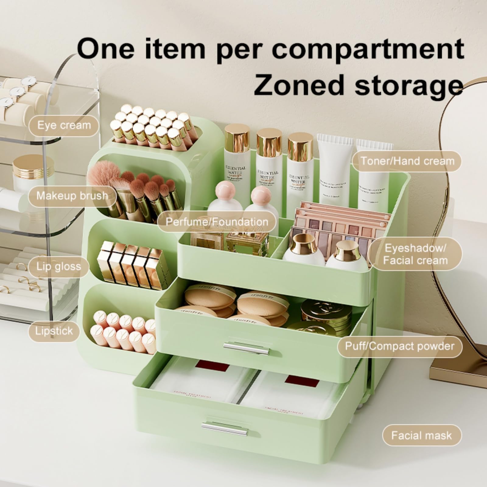 Booklov Rangement beauté vert, solution tout-en-un pour vos essentiels quotidiens.