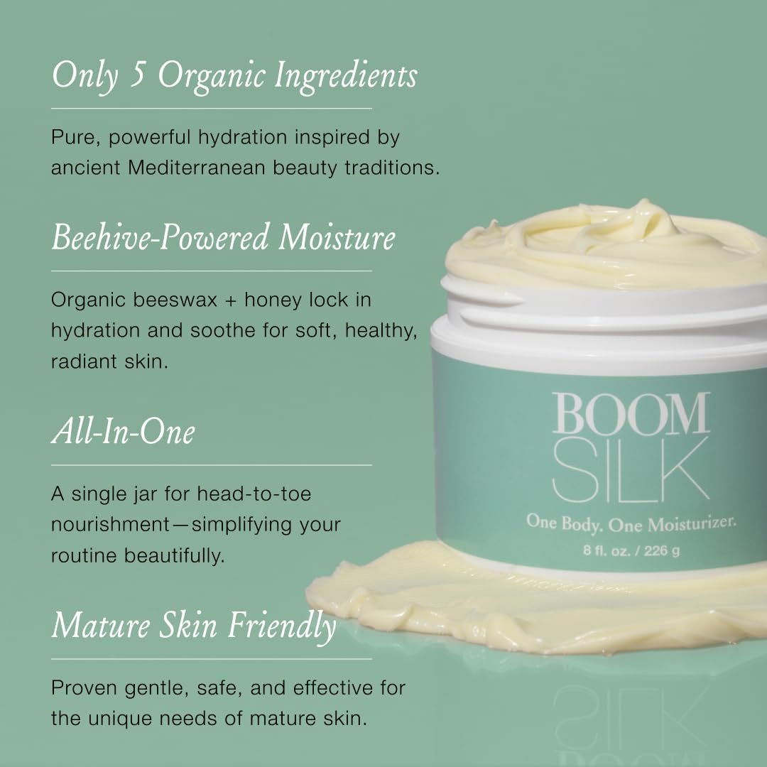Texture onctueuse Boomsilk prête à l’application sur peau mature.