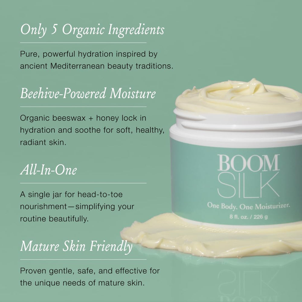 Texture onctueuse Boomsilk prête à l’application sur peau mature.