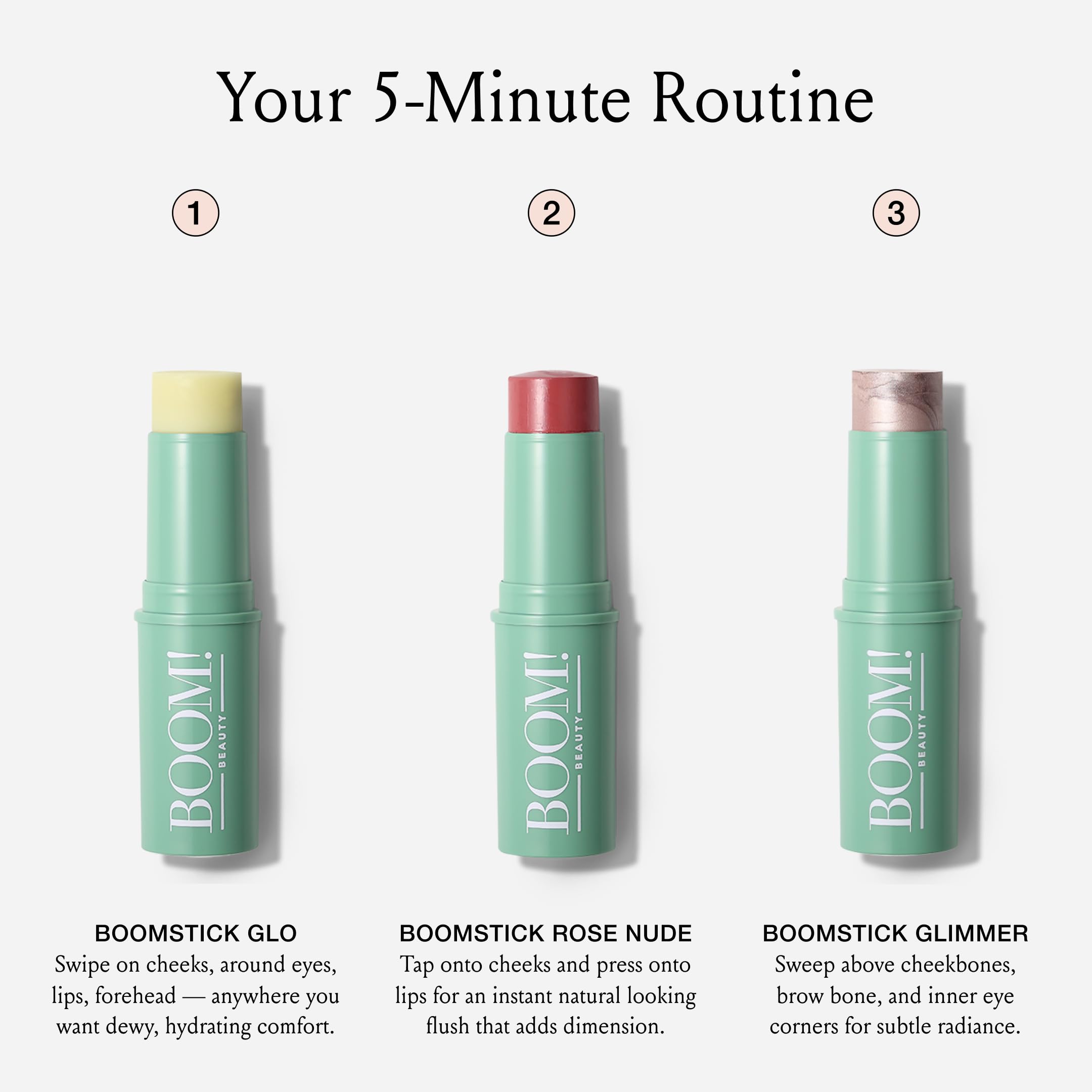 Boomstick Trio Rose Nude: teinte rosée lèvres et joues, look frais et doux.