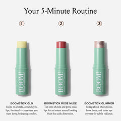 Boomstick Trio Rose Nude: teinte rosée lèvres et joues, look frais et doux.