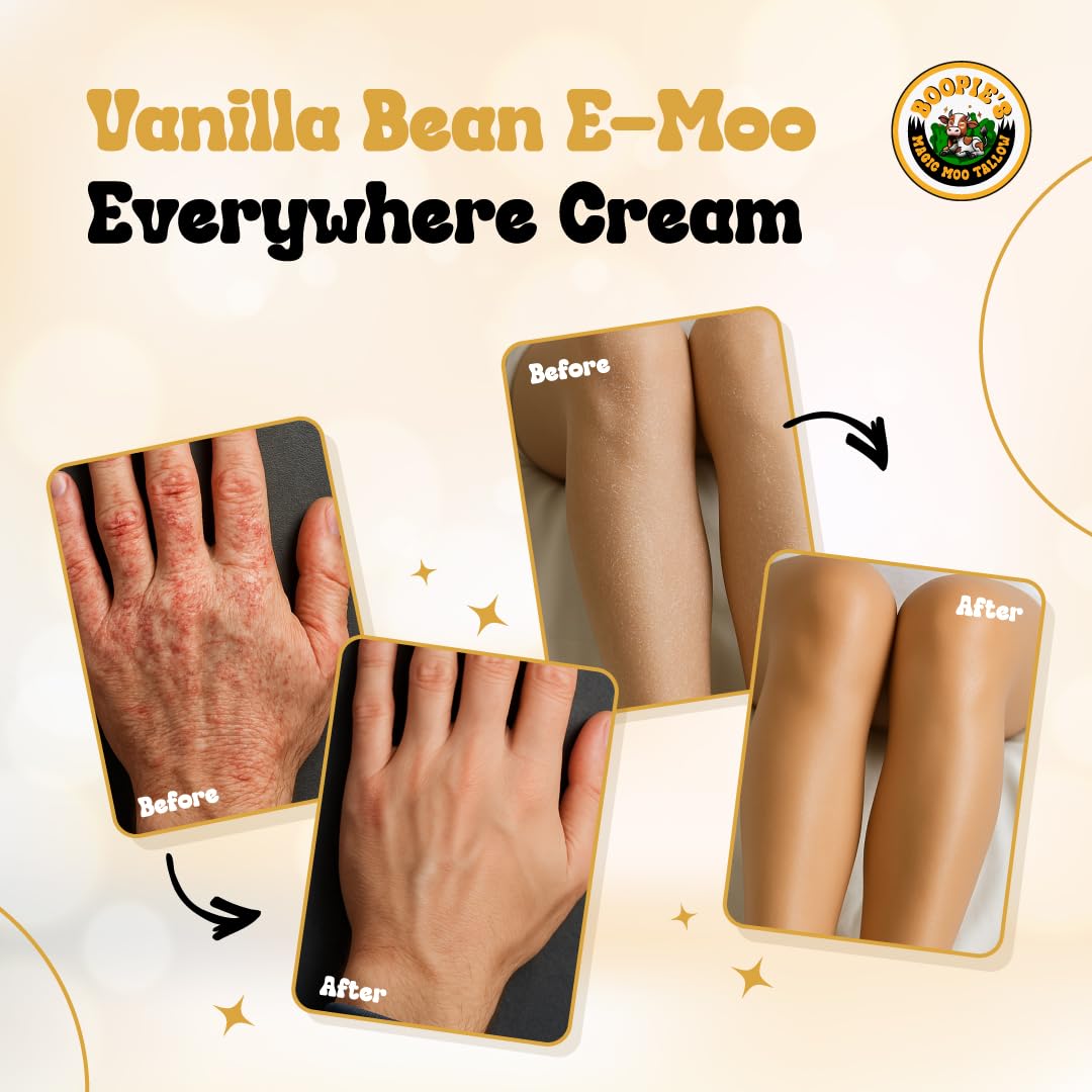 Boopie's Magic Moo Tallow vanille bio et huile d'ému offrent hydratation durable.