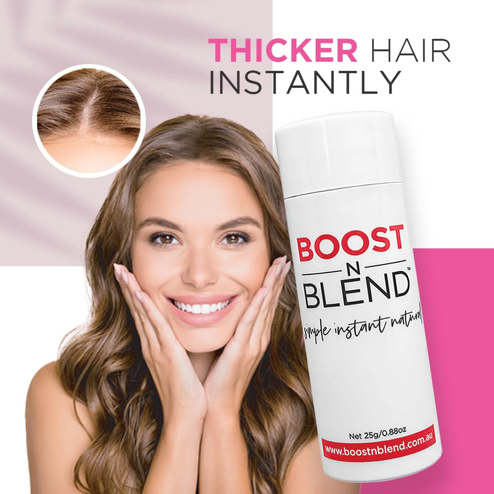 Boost N Blend: fibres-coton-volume-cheveux, adhérence et volume visibles sans abîmer les cheveux.