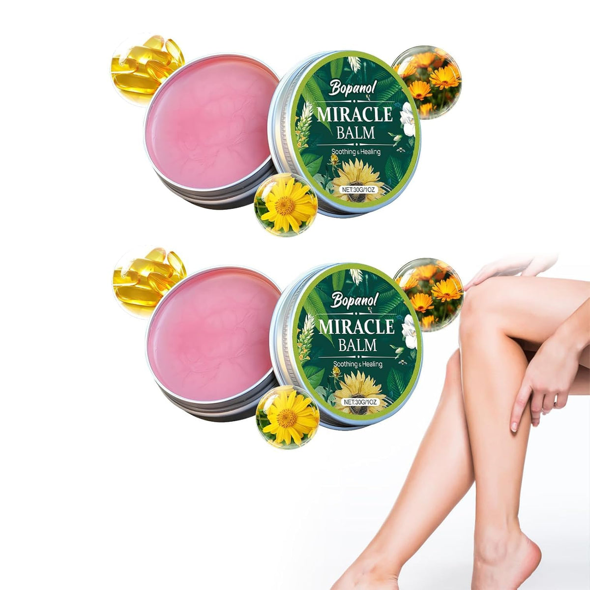 Bopanol Miracle Balm – application jambes, apaise et hydrate durablement.