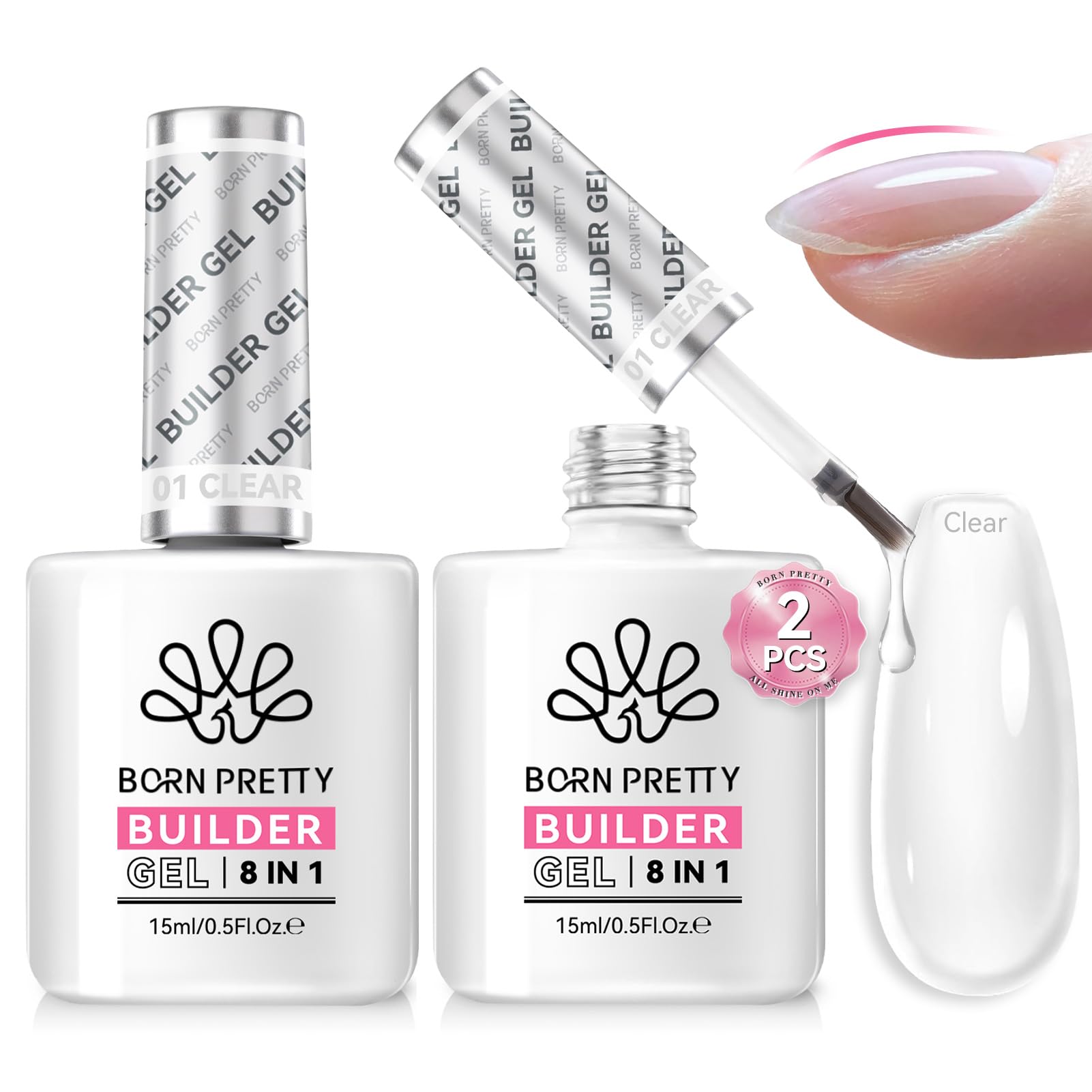 Gel clair Born Pretty 8-en-1, idéal pour extensions d’ongles et renforcement.